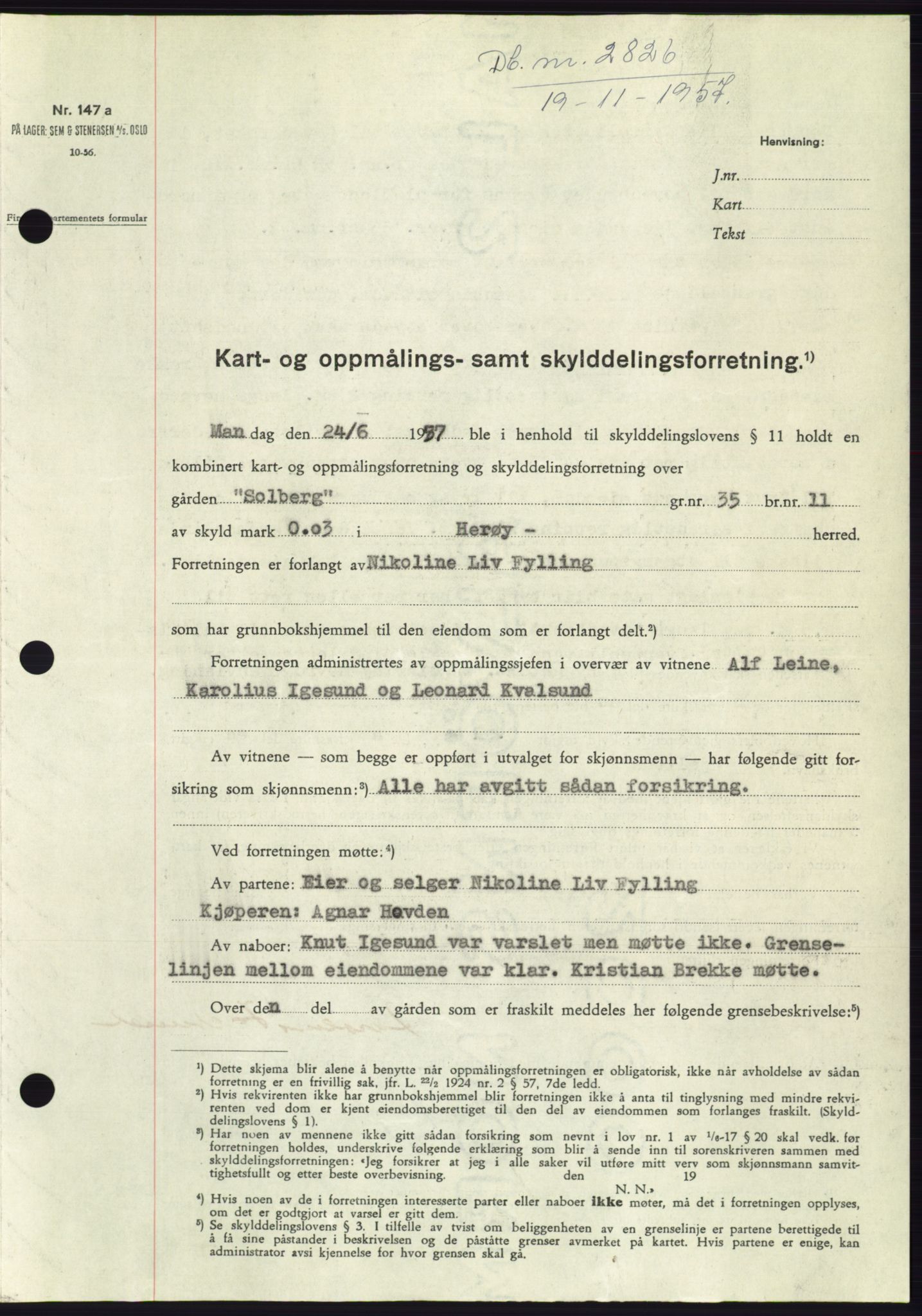 Søre Sunnmøre sorenskriveri, SAT/A-4122/1/2/2C/L0108: Pantebok nr. 34A, 1957-1958, Dagboknr: 2826/1957