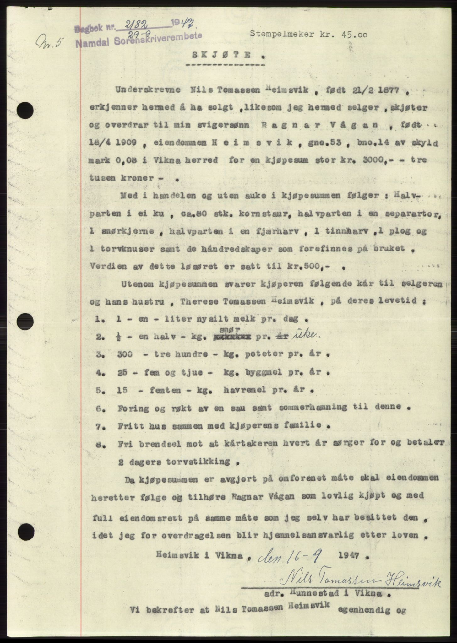 Namdal sorenskriveri, SAT/A-4133/1/2/2C: Pantebok nr. -, 1947-1947, Dagboknr: 2182/1947