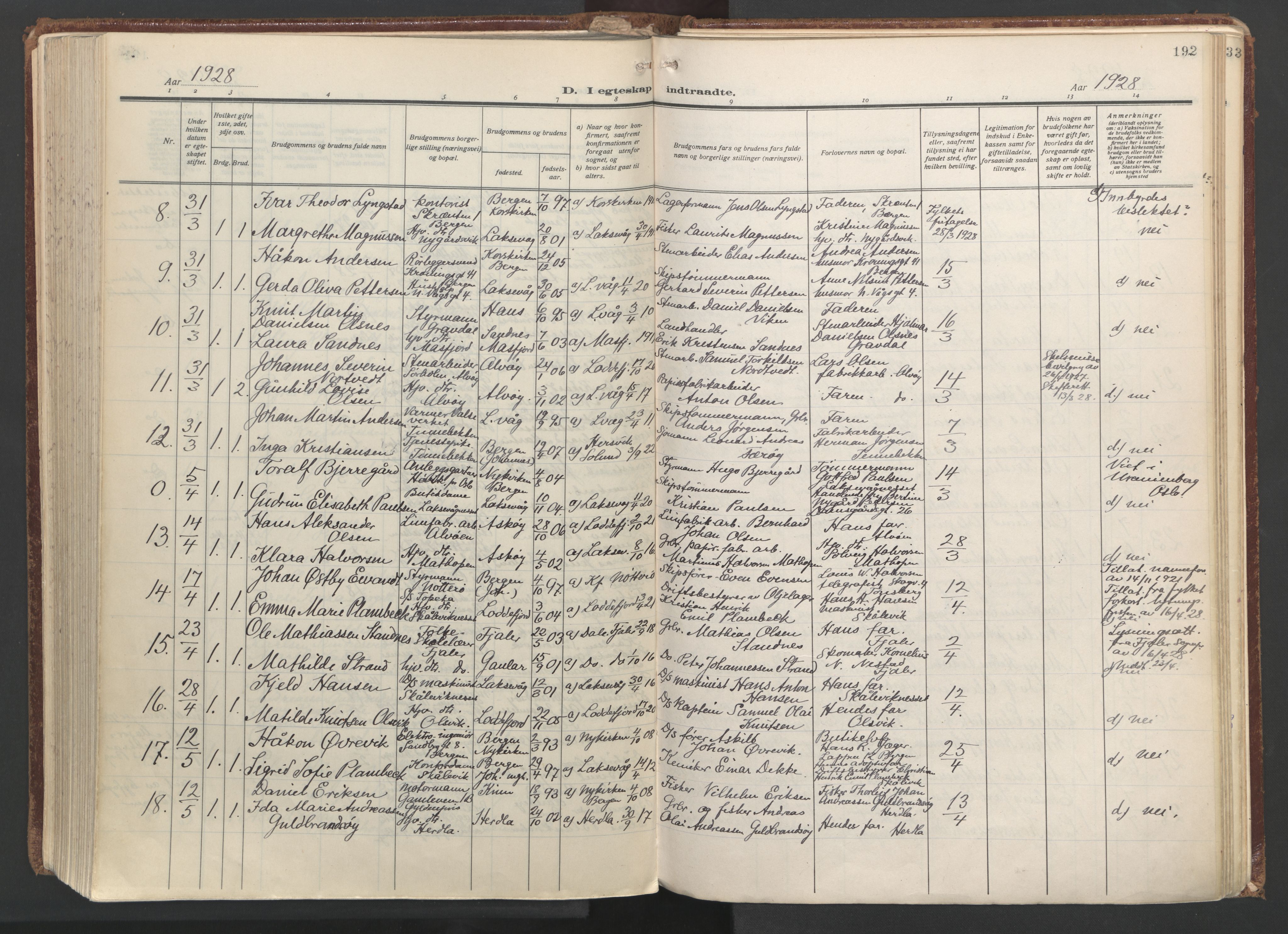 Laksevåg Sokneprestembete, AV/SAB-A-76501/H/Ha/Haa/Haac/L0001: Ministerialbok nr. C 1, 1925-1944, s. 192