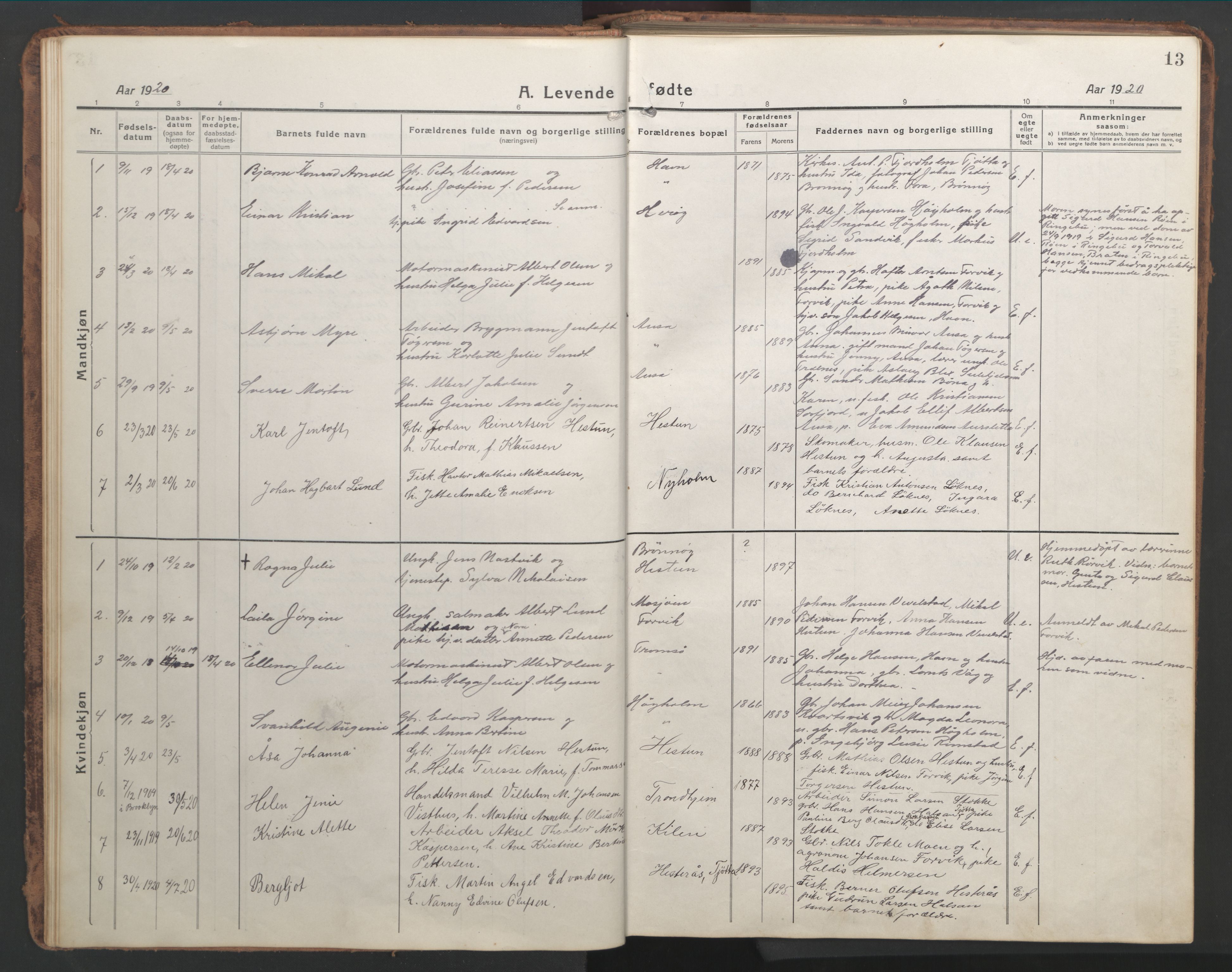 Ministerialprotokoller, klokkerbøker og fødselsregistre - Nordland, AV/SAT-A-1459/819/L0278: Klokkerbok nr. 819C04, 1917-1967, s. 13
