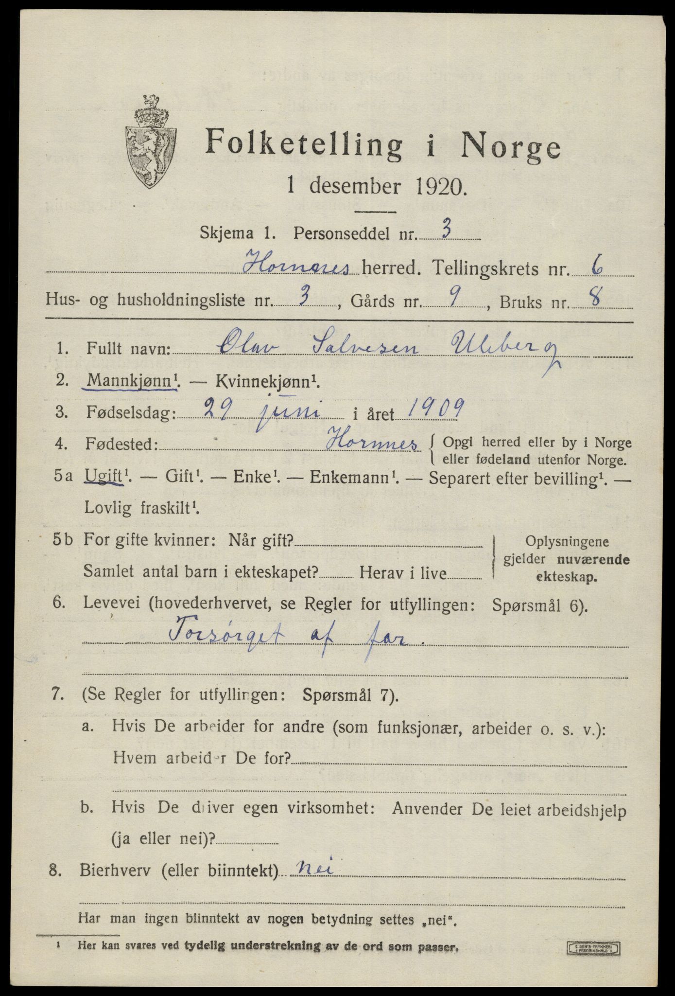 SAK, Folketelling 1920 for 0936 Hornnes herred, 1920, s. 1581