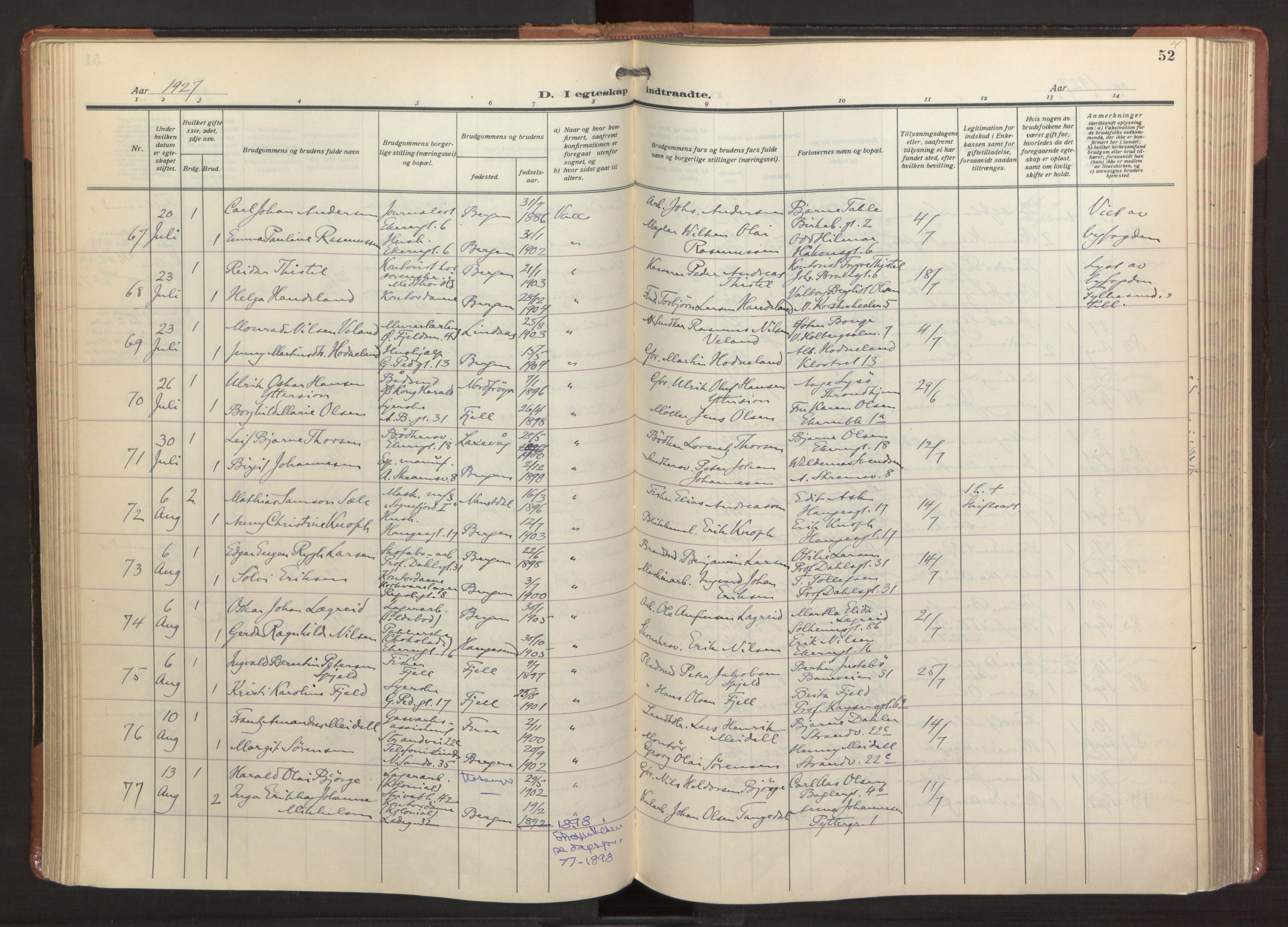 Sandviken Sokneprestembete, AV/SAB-A-77601/H/Ha/L0016: Ministerialbok nr. D 3, 1923-1940, s. 52