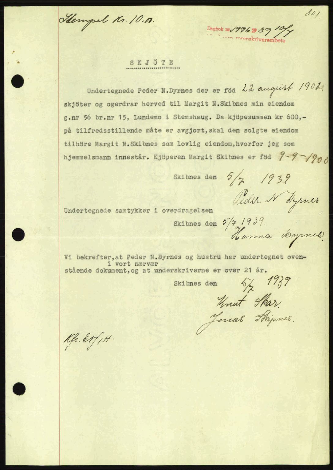 Nordmøre sorenskriveri, SAT/A-4132/1/2/2Ca: Pantebok nr. A86, 1939-1939, Dagboknr: 1996/1939