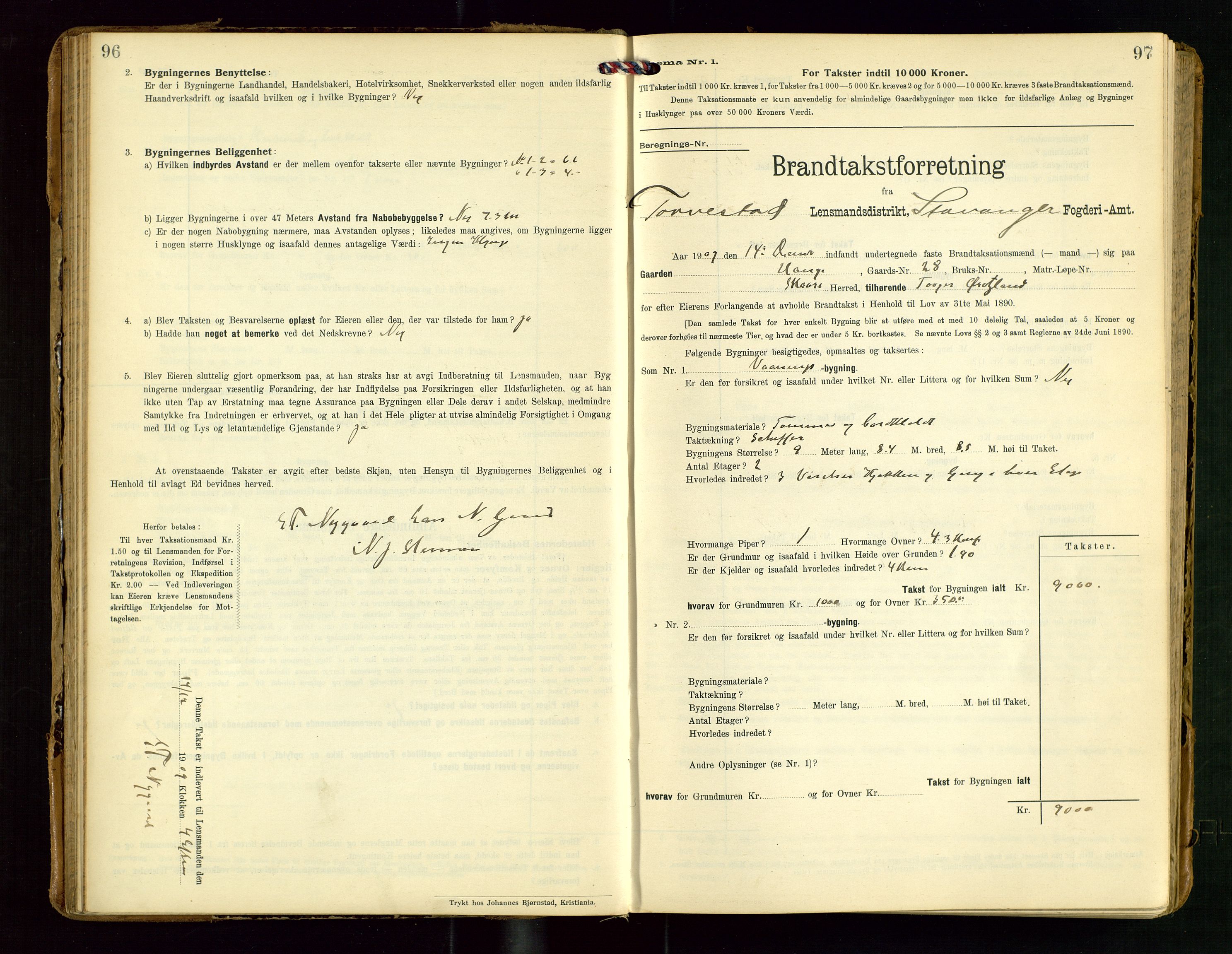 Torvestad lensmannskontor, AV/SAST-A-100307/1/Gob/L0004: "Brandtaxationsprotokol for Torvestad Lensmannsdistrikt", 1909-1923, s. 96-97