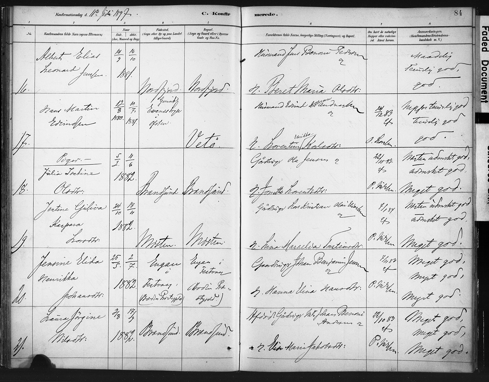 Ministerialprotokoller, klokkerbøker og fødselsregistre - Nordland, AV/SAT-A-1459/803/L0071: Ministerialbok nr. 803A01, 1881-1897, s. 84