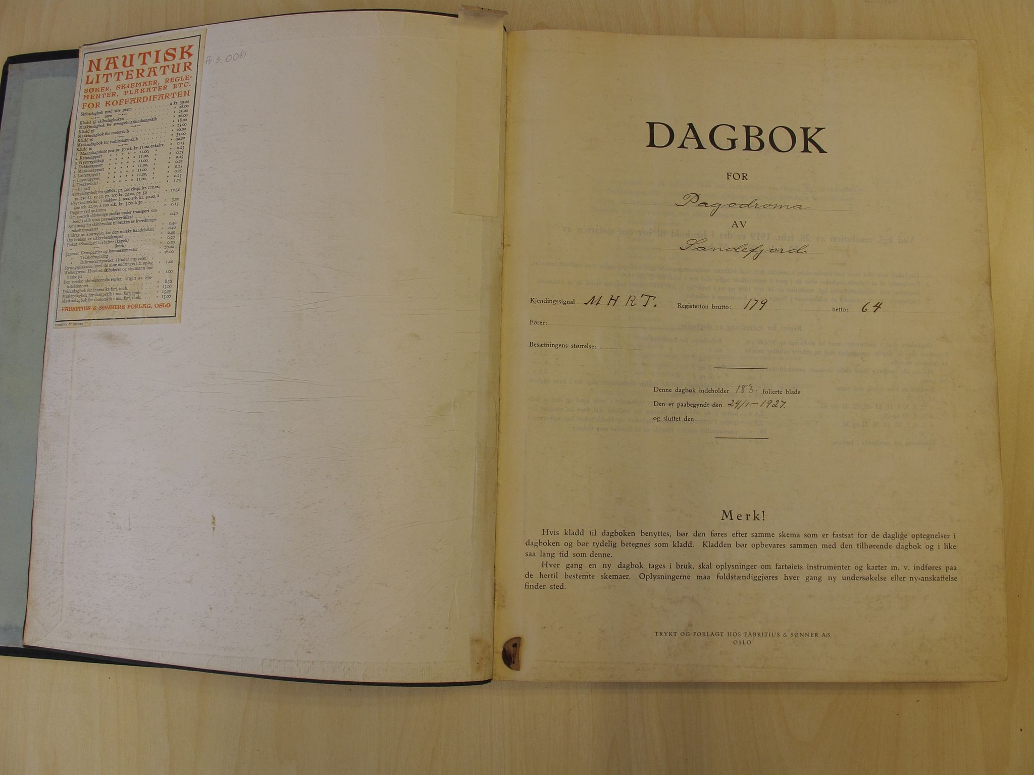 Skipsjournaler. Hvalfangstmuseet, VEMU/ARS-A-1030/F/L0094: Pagodroma, D/S, hvalfanger, Sandefjord, 1927-1929