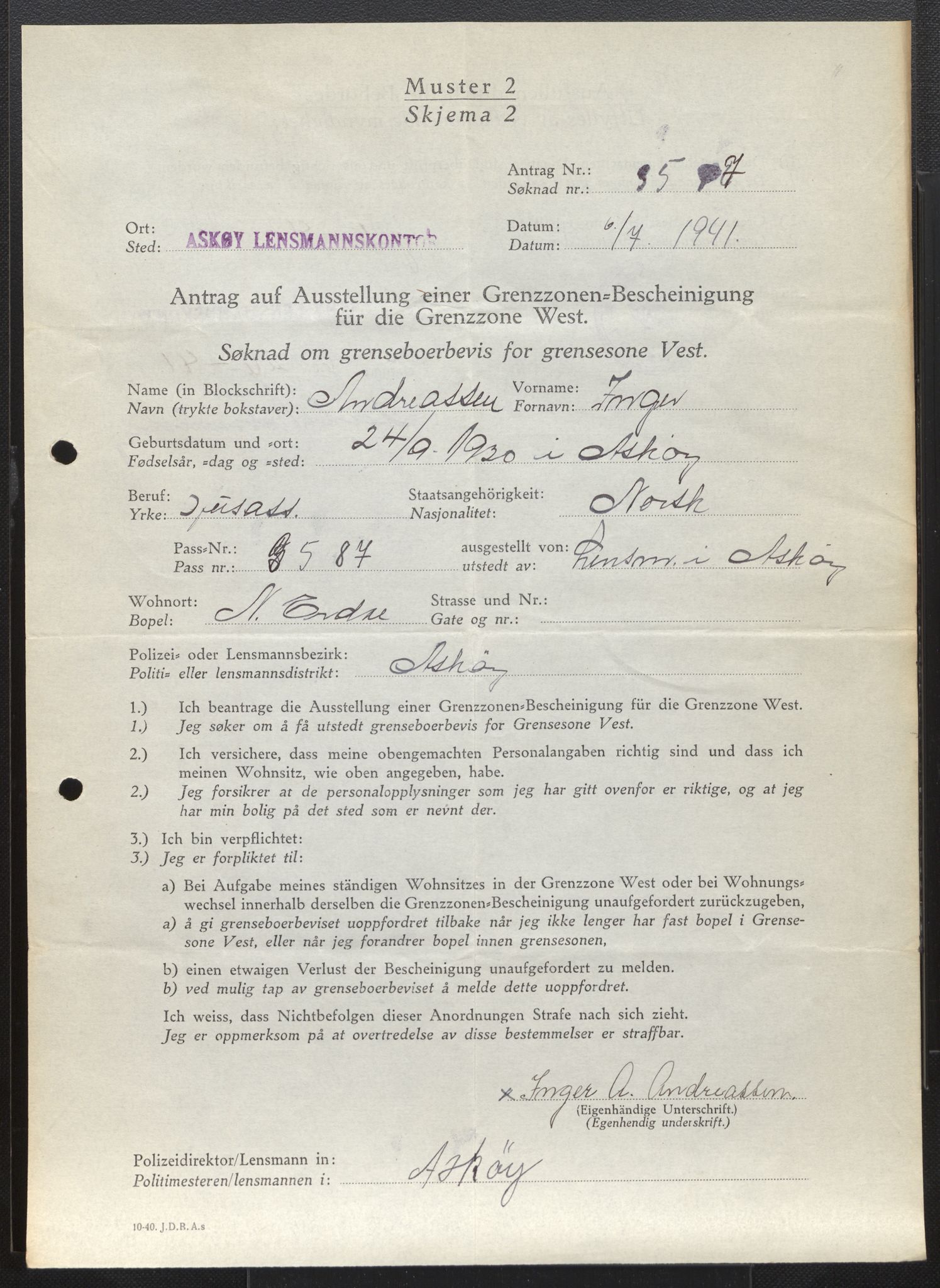 Lensmannen i Askøy, AV/SAB-A-31001/0026/L0011: Søknader om grensebuarbevis 3401 - 3825, 1940-1942, s. 369