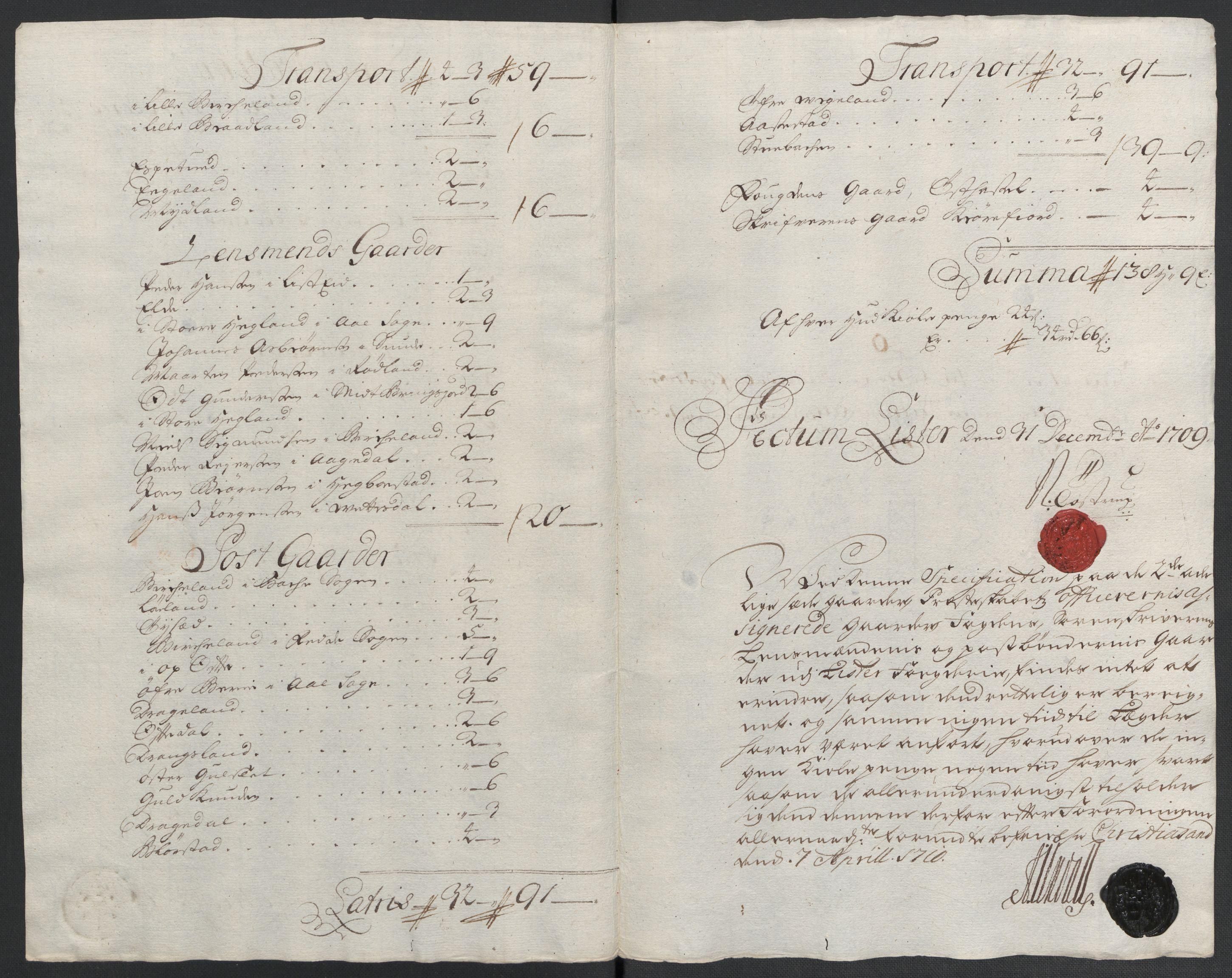 Rentekammeret inntil 1814, Reviderte regnskaper, Fogderegnskap, RA/EA-4092/R43/L2552: Fogderegnskap Lista og Mandal, 1705-1709, s. 313