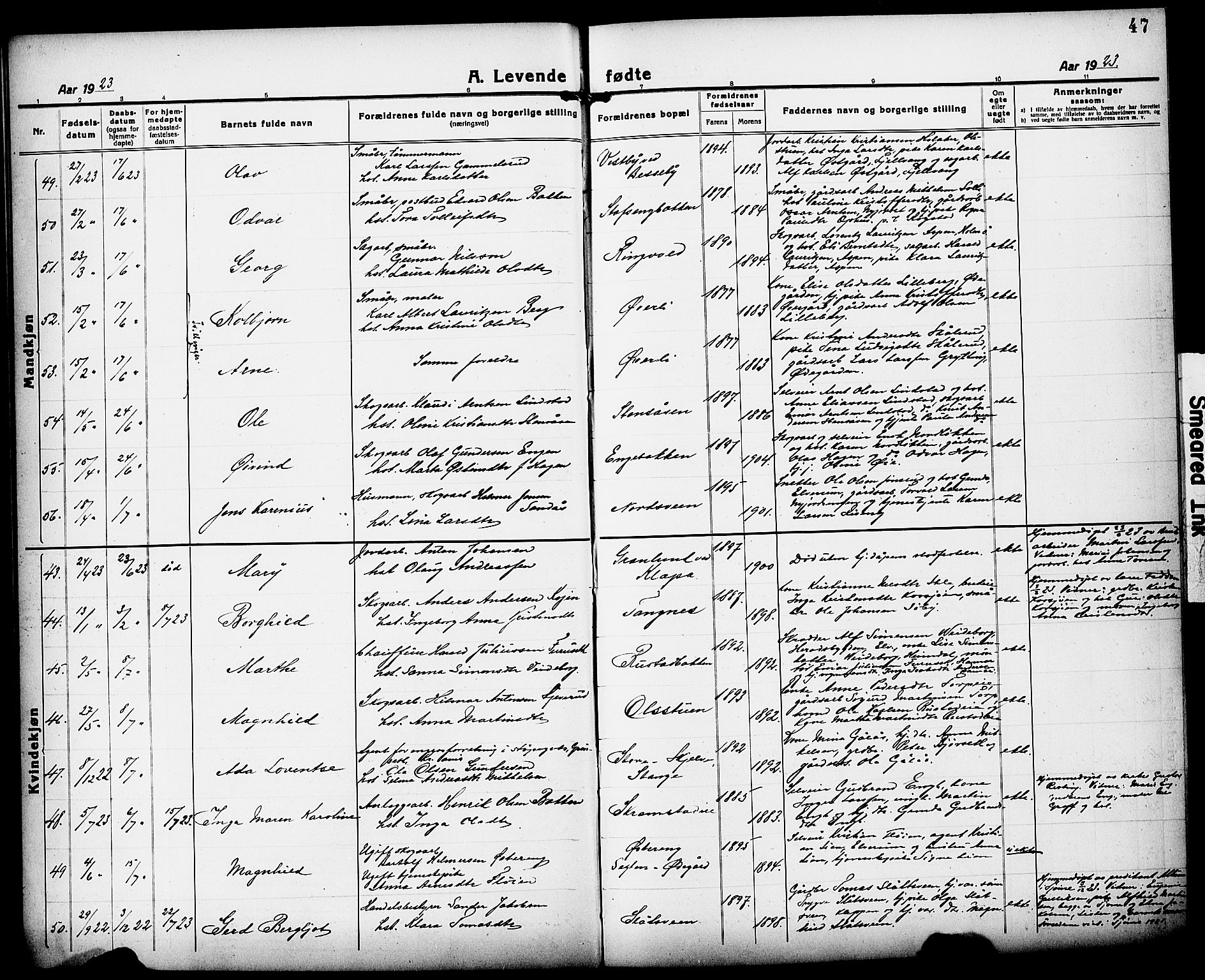 Løten prestekontor, AV/SAH-PREST-022/L/La/L0008: Klokkerbok nr. 8, 1920-1929, s. 47