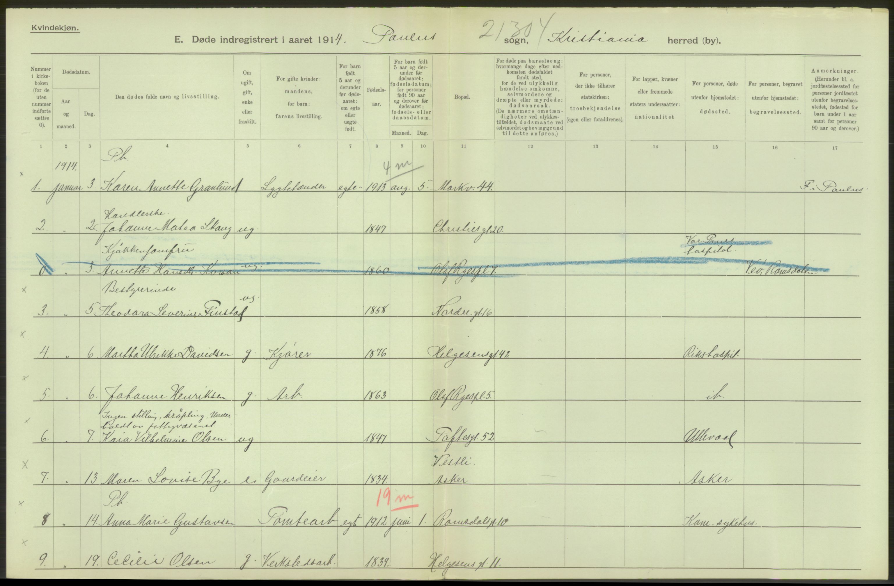 Statistisk sentralbyrå, Sosiodemografiske emner, Befolkning, AV/RA-S-2228/D/Df/Dfb/Dfbd/L0008: Kristiania: Døde, 1914, s. 314