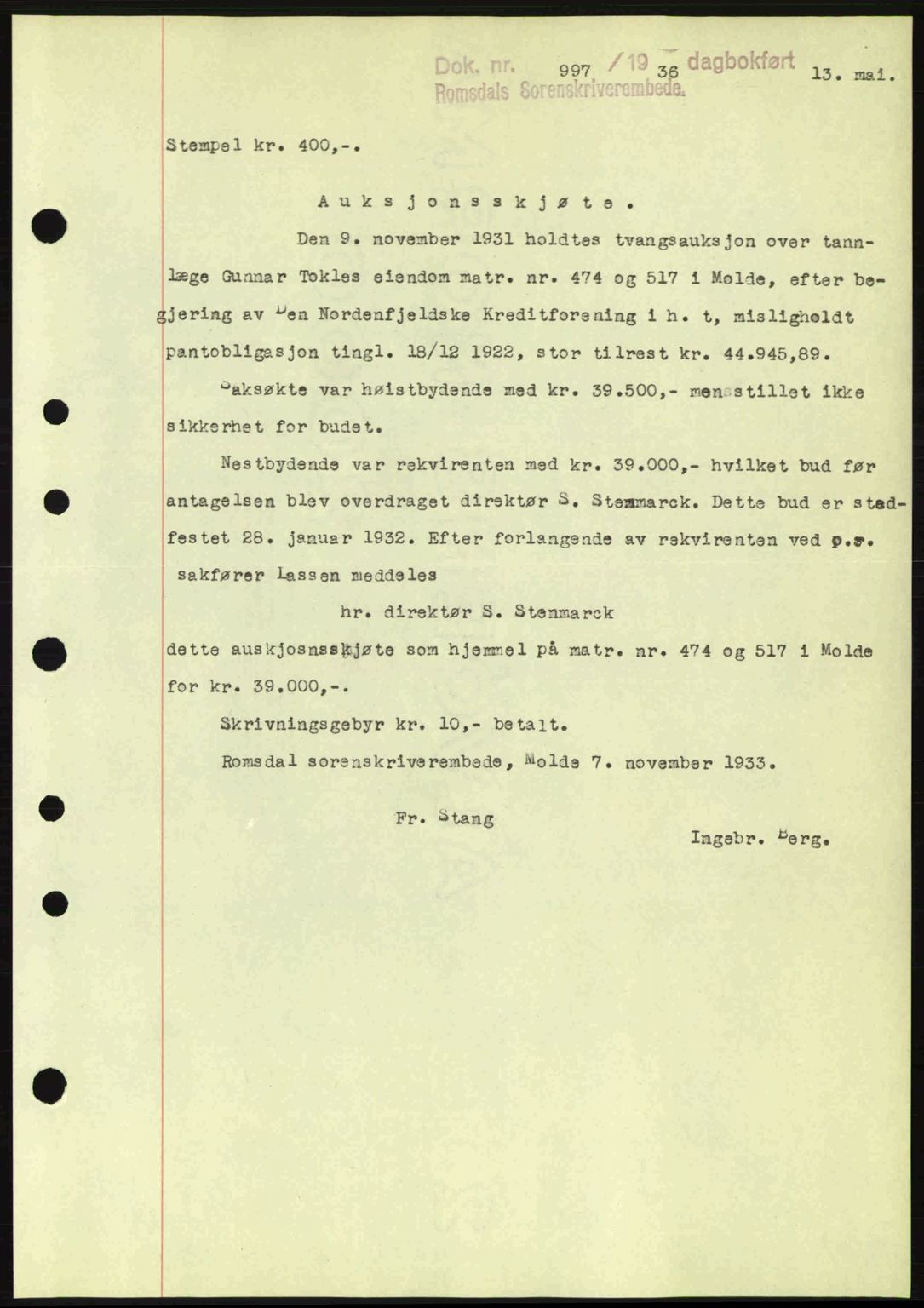 Romsdal sorenskriveri, SAT/A-4149/1/2/2C: Pantebok nr. A1, 1936-1936, Dagboknr: 997/1936