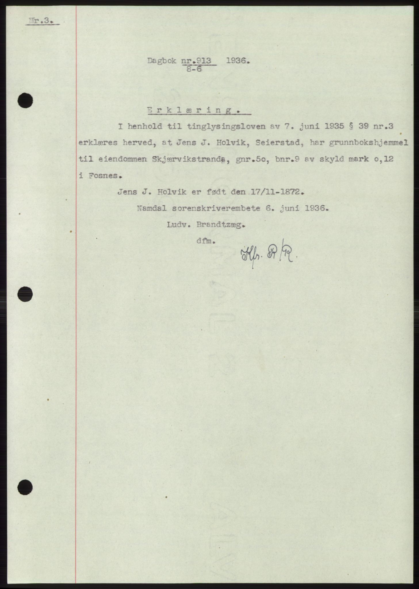 Namdal sorenskriveri, AV/SAT-A-4133/1/2/2C: Pantebok nr. -, 1935-1936, Tingl.dato: 08.06.1936