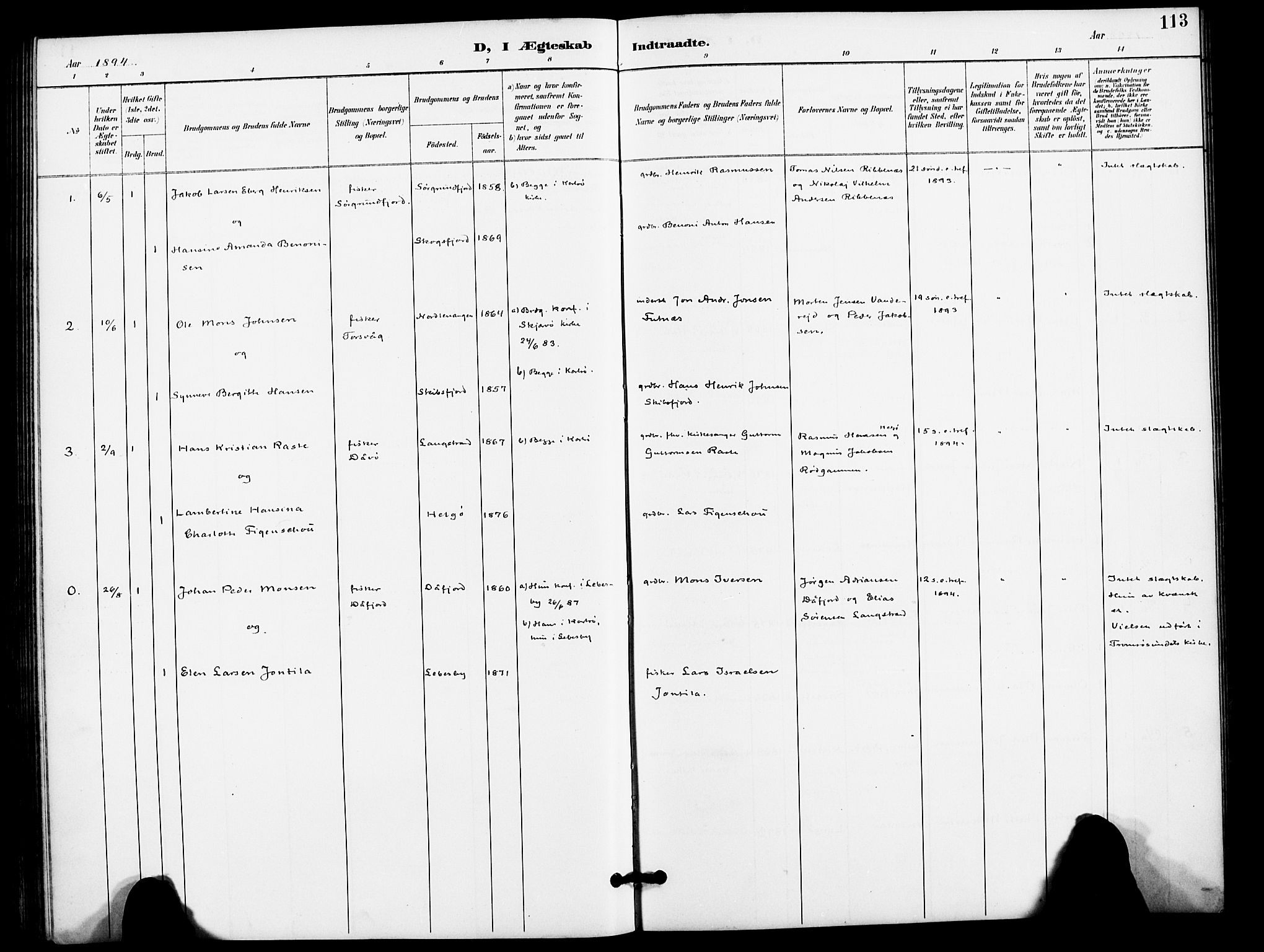 Karlsøy sokneprestembete, SATØ/S-1299/H/Ha/Haa/L0012kirke: Ministerialbok nr. 12, 1892-1902, s. 113