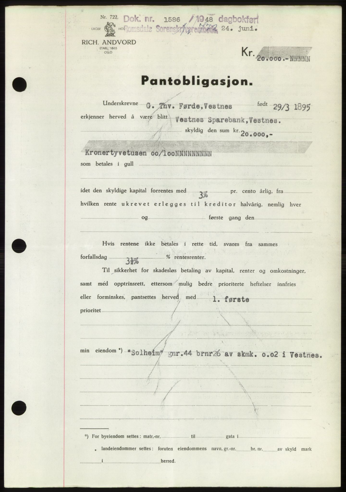 Romsdal sorenskriveri, SAT/A-4149/1/2/2C: Pantebok nr. B4, 1948-1949, Dagboknr: 1586/1948
