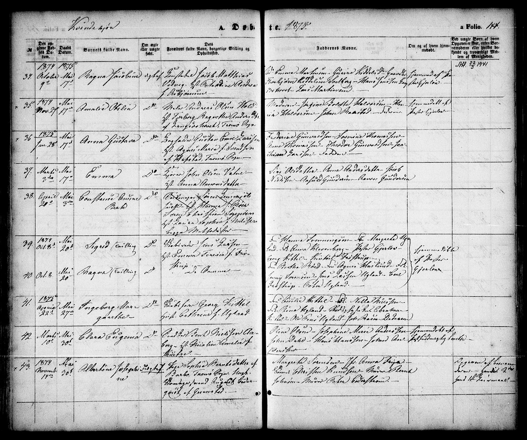 Arendal sokneprestkontor, Trefoldighet, AV/SAK-1111-0040/F/Fa/L0007: Ministerialbok nr. A 7, 1868-1878, s. 144