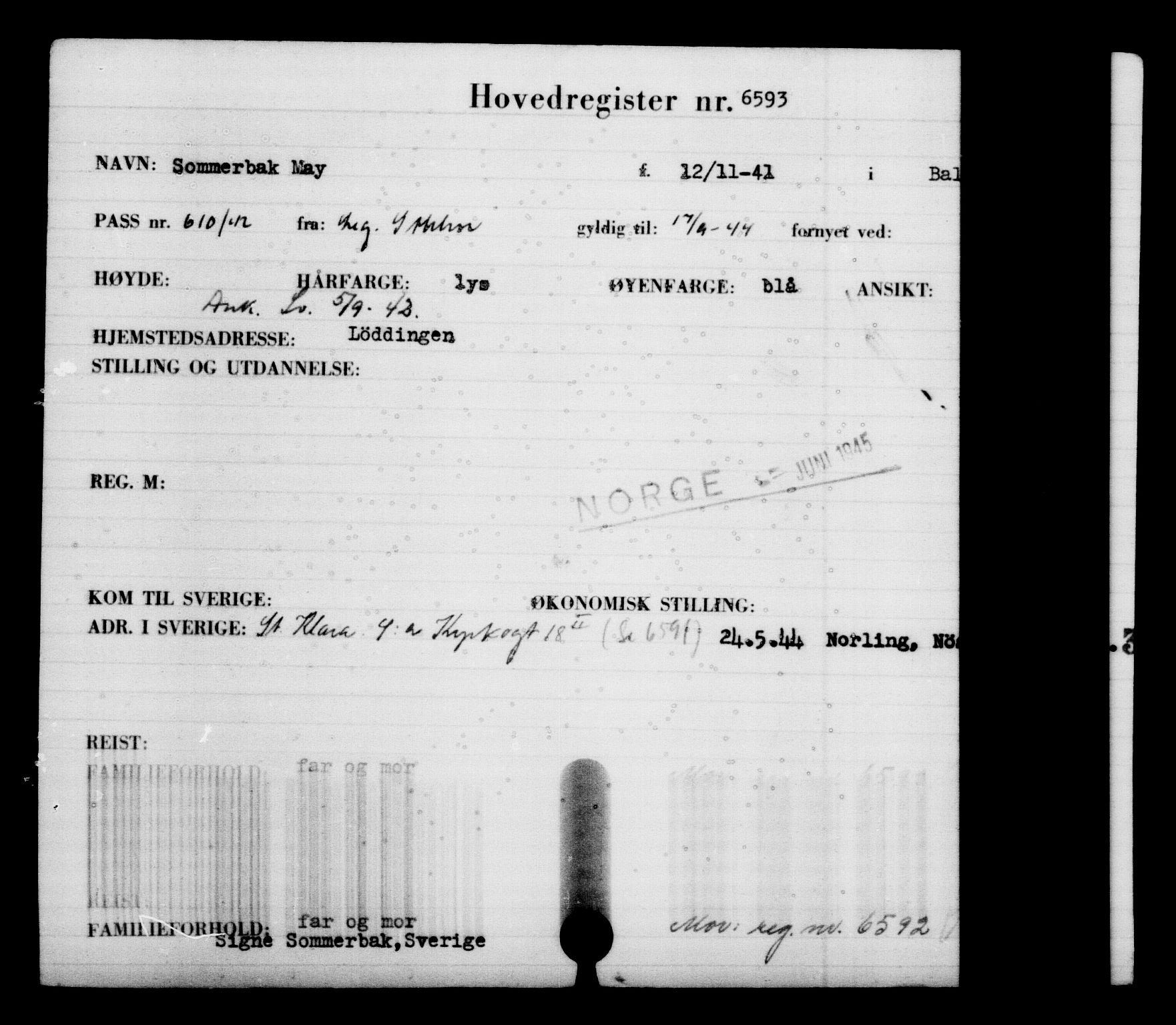 Utenriksstasjonene, Legasjonen i Stockholm, Flyktningkontoret, AV/RA-S-6753/V/Va/L0004: Kjesäterkartoteket, flyktninger med registreringsnr. 3496-6610, 1940-1945, s. 3660