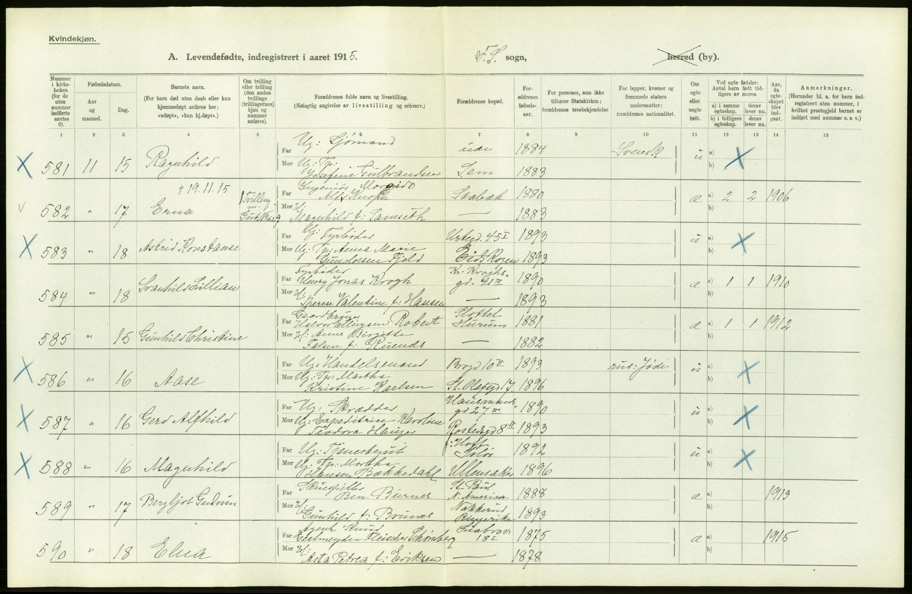 Statistisk sentralbyrå, Sosiodemografiske emner, Befolkning, AV/RA-S-2228/D/Df/Dfb/Dfbe/L0007: Kristiania: Levendefødte menn og kvinner., 1915, s. 16