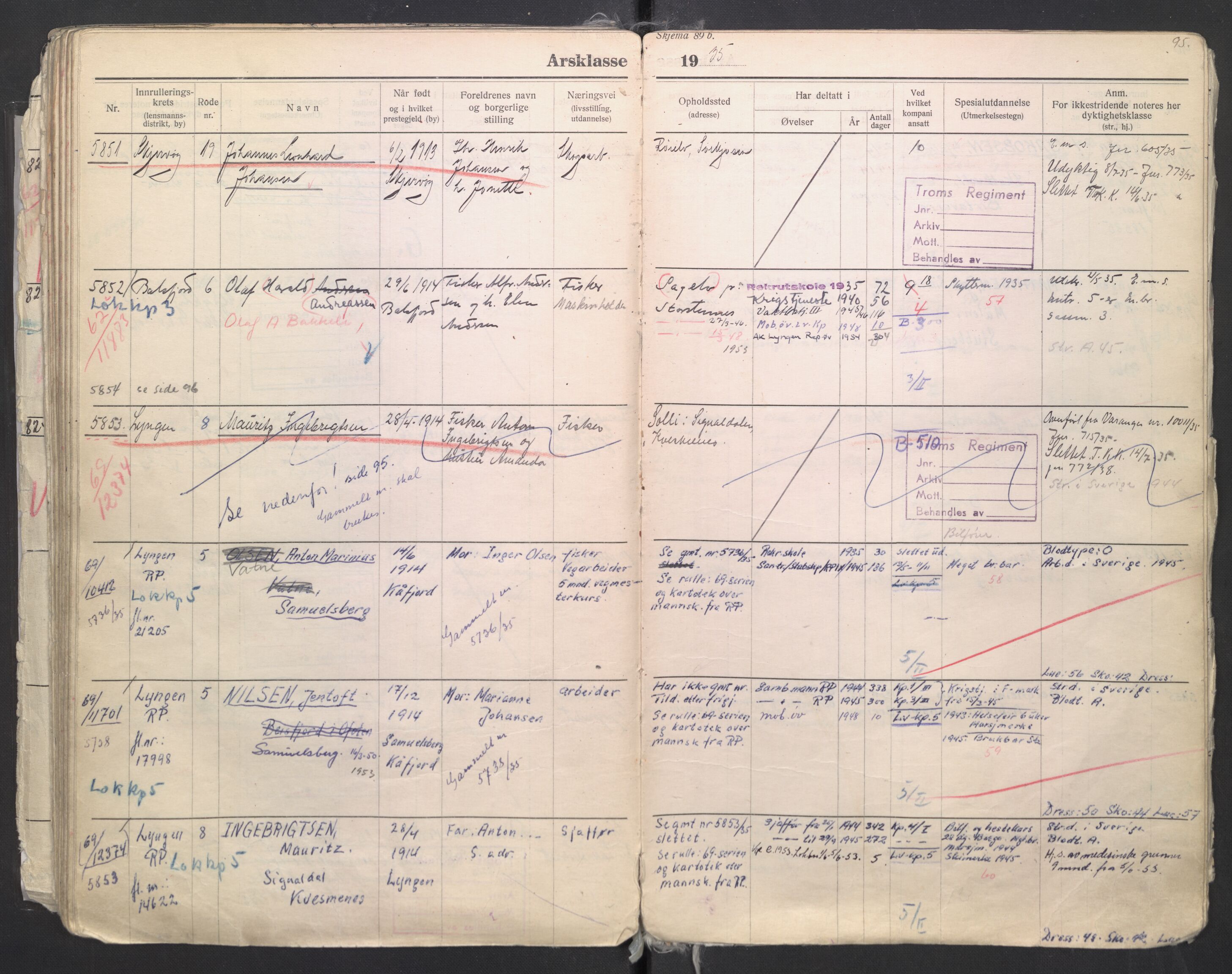 Forsvaret, Troms infanteriregiment nr. 16, AV/RA-RAFA-3146/P/Pa/L0006/0008: Ruller / Rulle for regimentets menige mannskaper, årsklasse 1935, 1935, s. 95