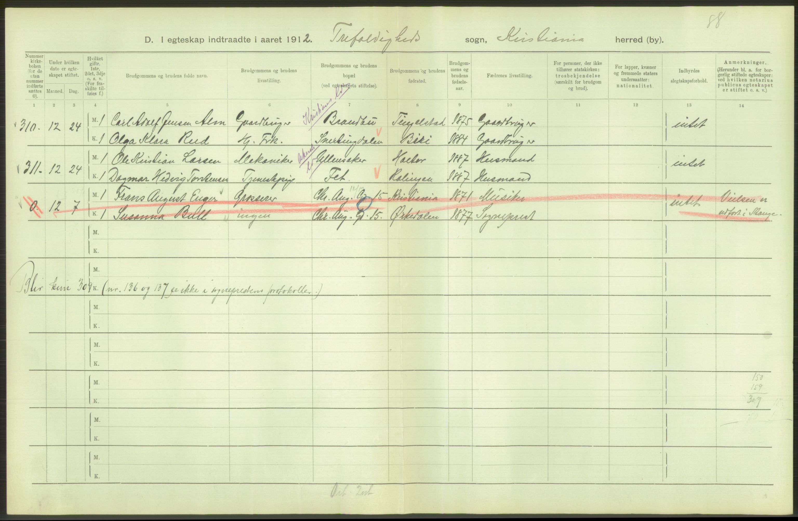 Statistisk sentralbyrå, Sosiodemografiske emner, Befolkning, AV/RA-S-2228/D/Df/Dfb/Dfbb/L0008: Kristiania: Gifte, 1912, s. 596