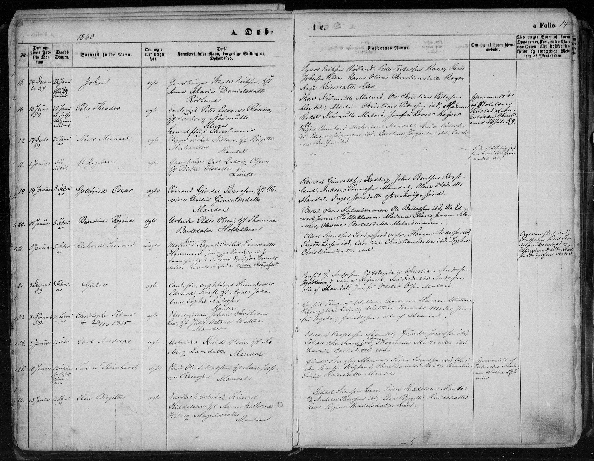 Mandal sokneprestkontor, AV/SAK-1111-0030/F/Fa/Faa/L0014: Ministerialbok nr. A 14, 1859-1872, s. 14