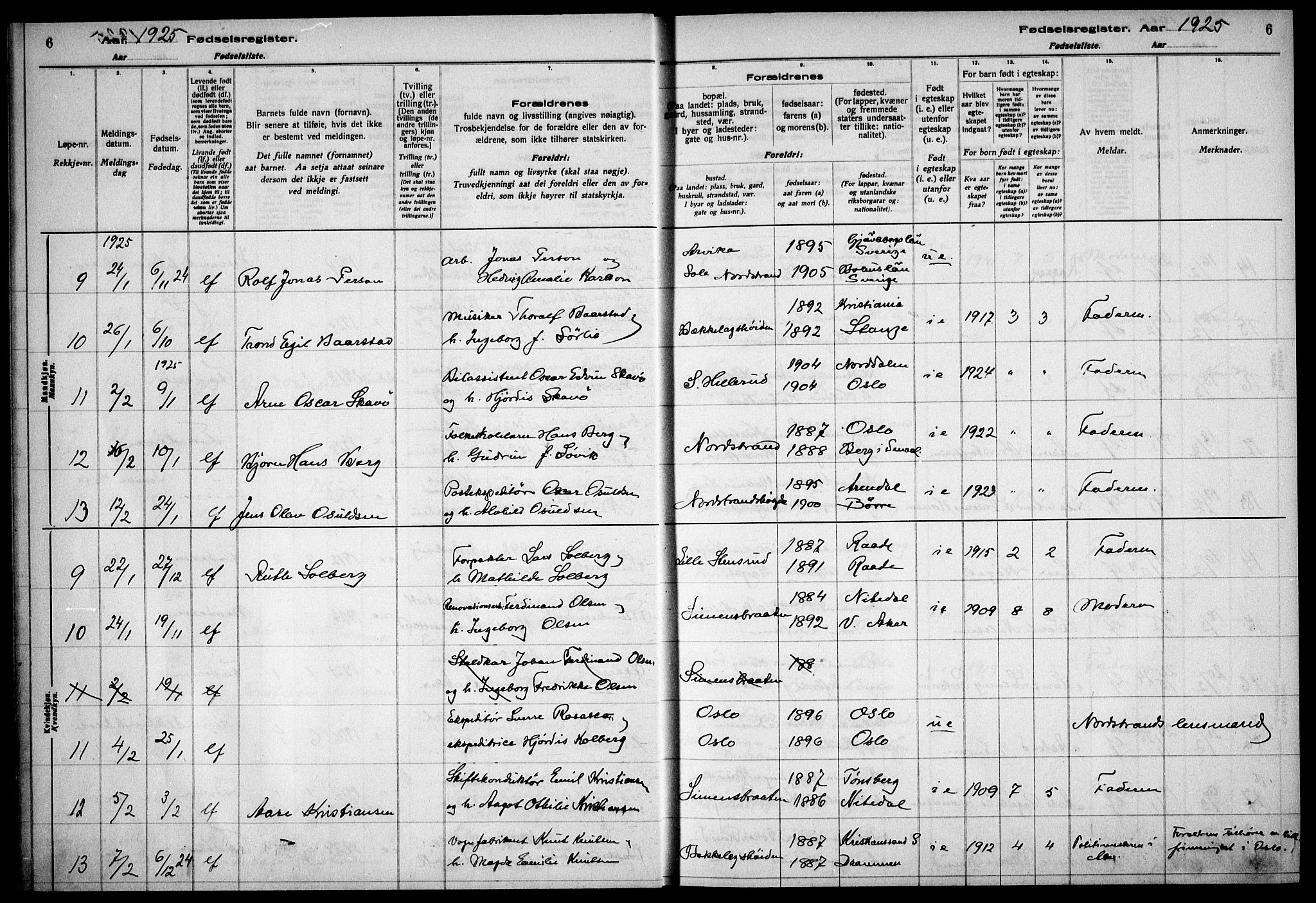 Nordstrand prestekontor Kirkebøker, AV/SAO-A-10362a/J/Ja/L0002: Fødselsregister nr. I 2, 1924-1930, s. 6