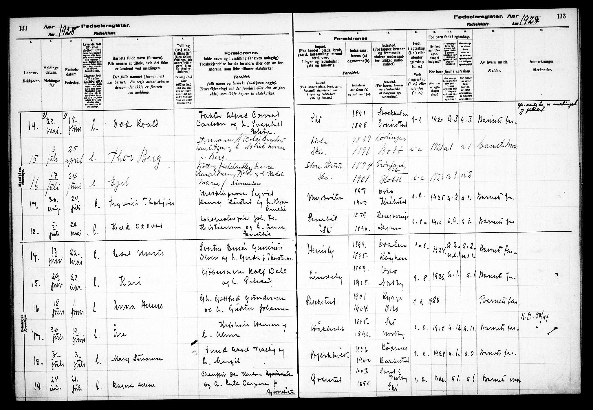 Kråkstad prestekontor Kirkebøker, AV/SAO-A-10125a/J/Jb/L0001: Fødselsregister nr. II 1, 1916-1936, s. 133