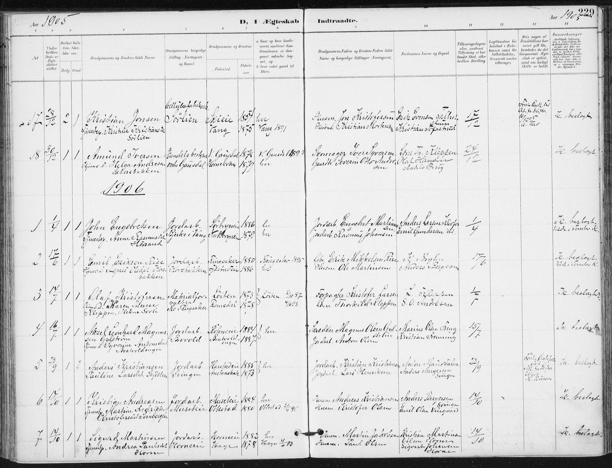 Romedal prestekontor, SAH/PREST-004/K/L0011: Ministerialbok nr. 11, 1896-1912, s. 229