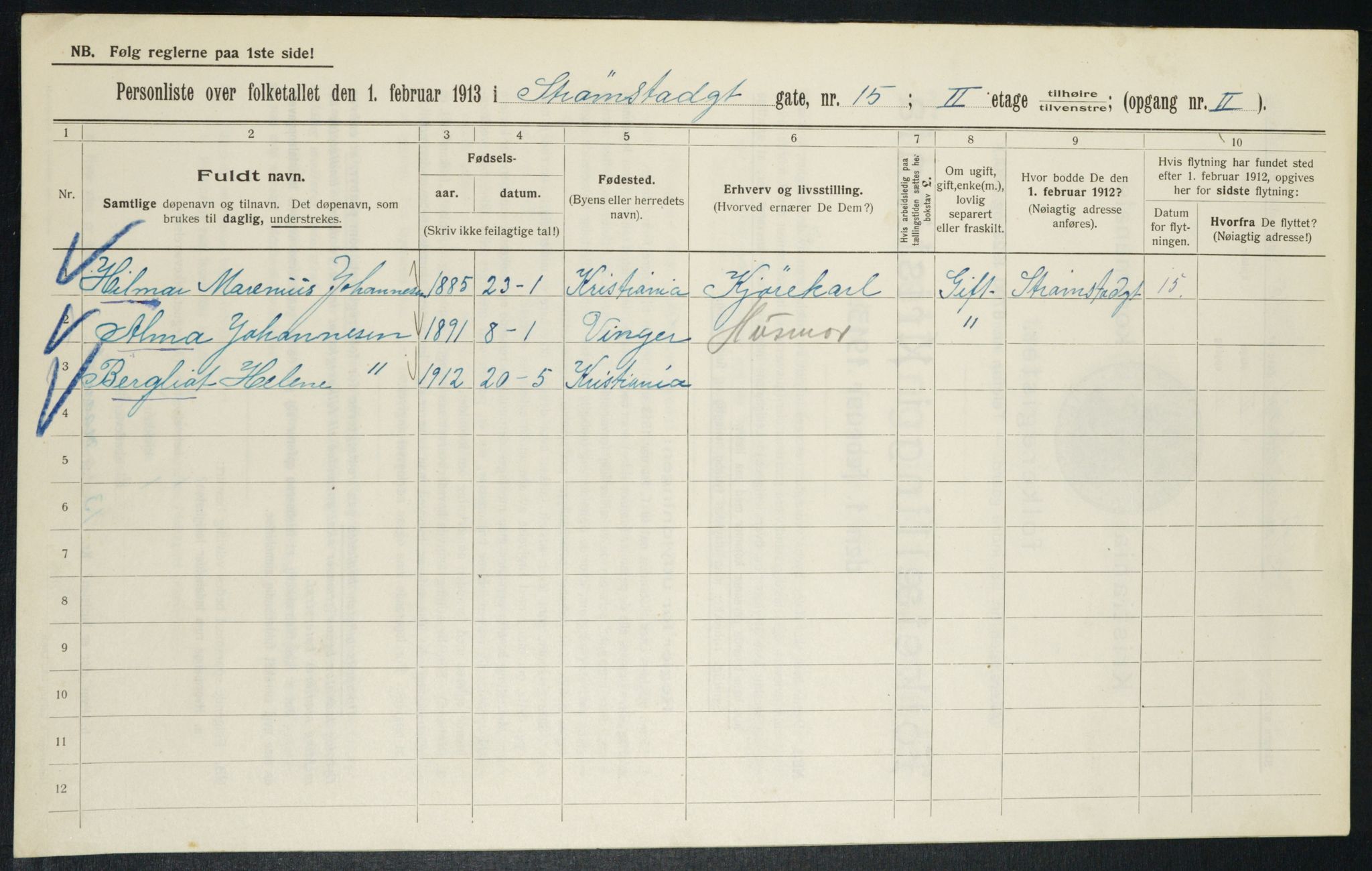 OBA, Kommunal folketelling 1.2.1913 for Kristiania, 1913, s. 104020