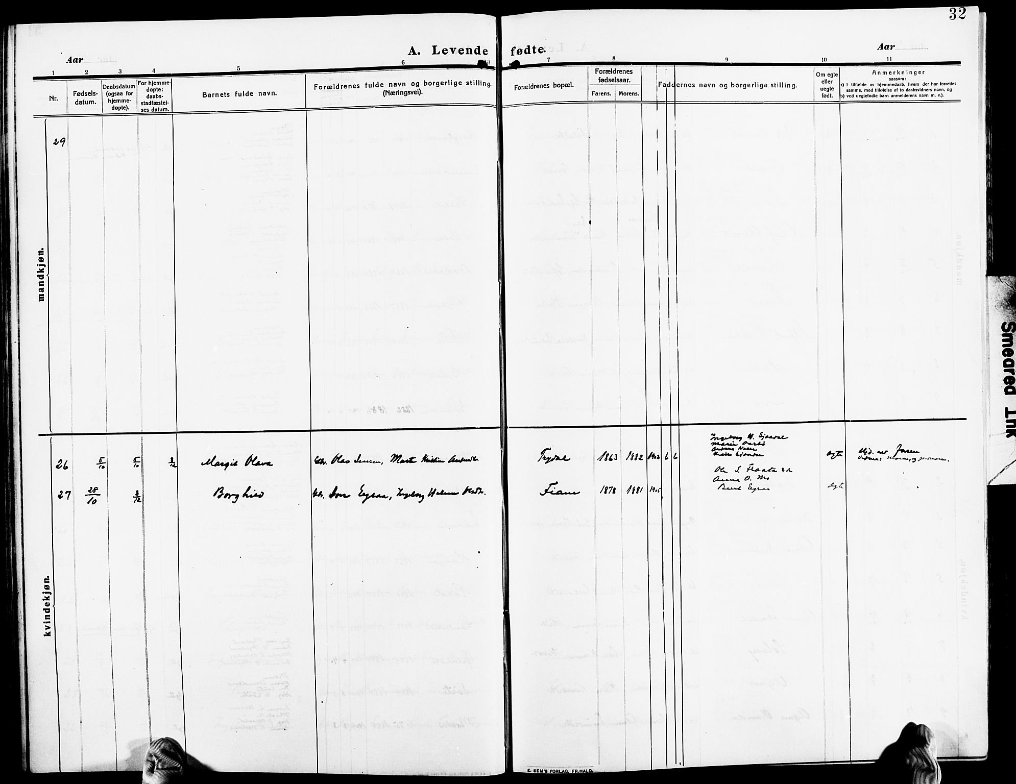 Gjerstad sokneprestkontor, SAK/1111-0014/F/Fb/Fba/L0008: Klokkerbok nr. B 8, 1909-1925, s. 32