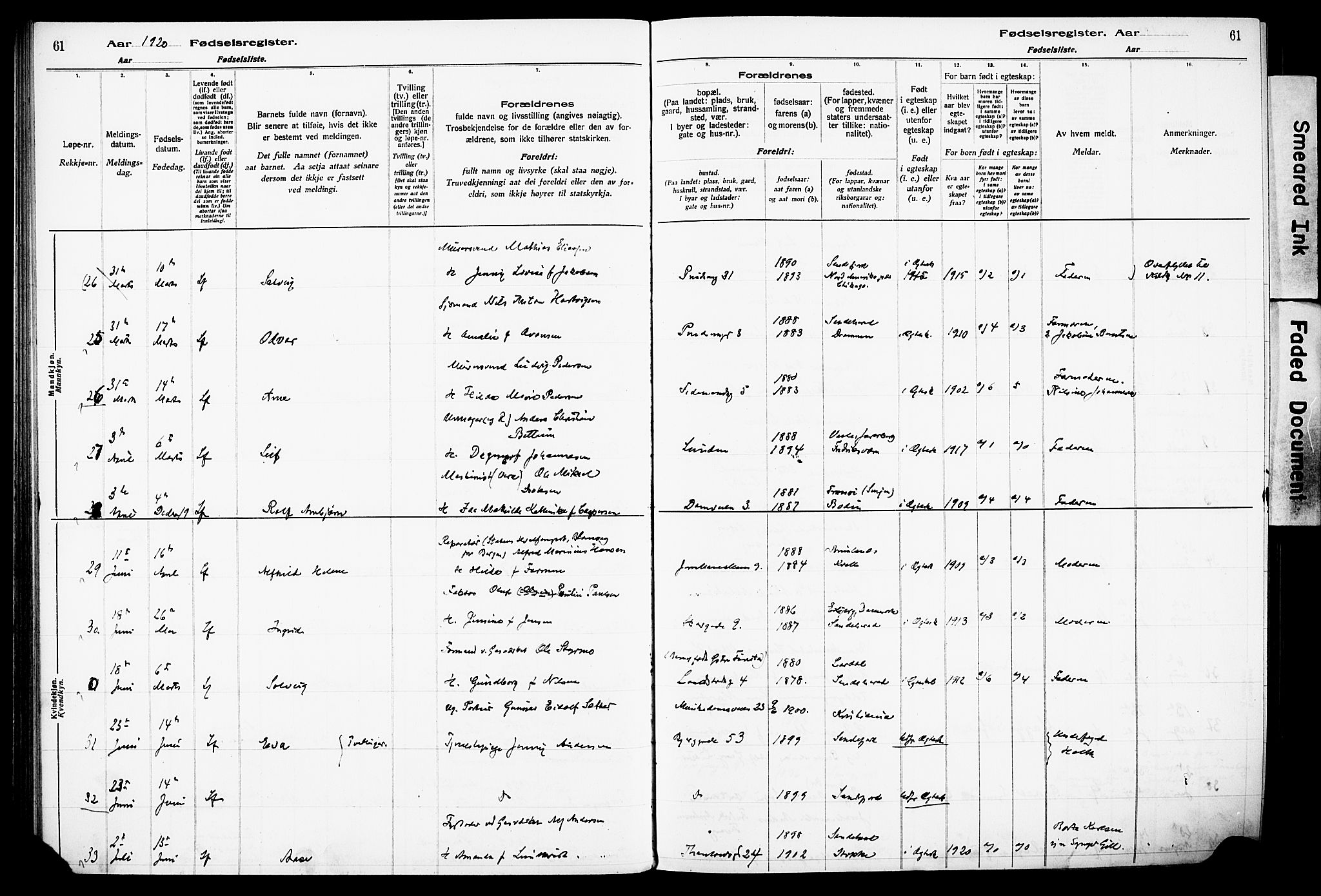 Sandefjord kirkebøker, AV/SAKO-A-315/J/Ja/L0001: Fødselsregister nr. 1, 1916-1932, s. 61