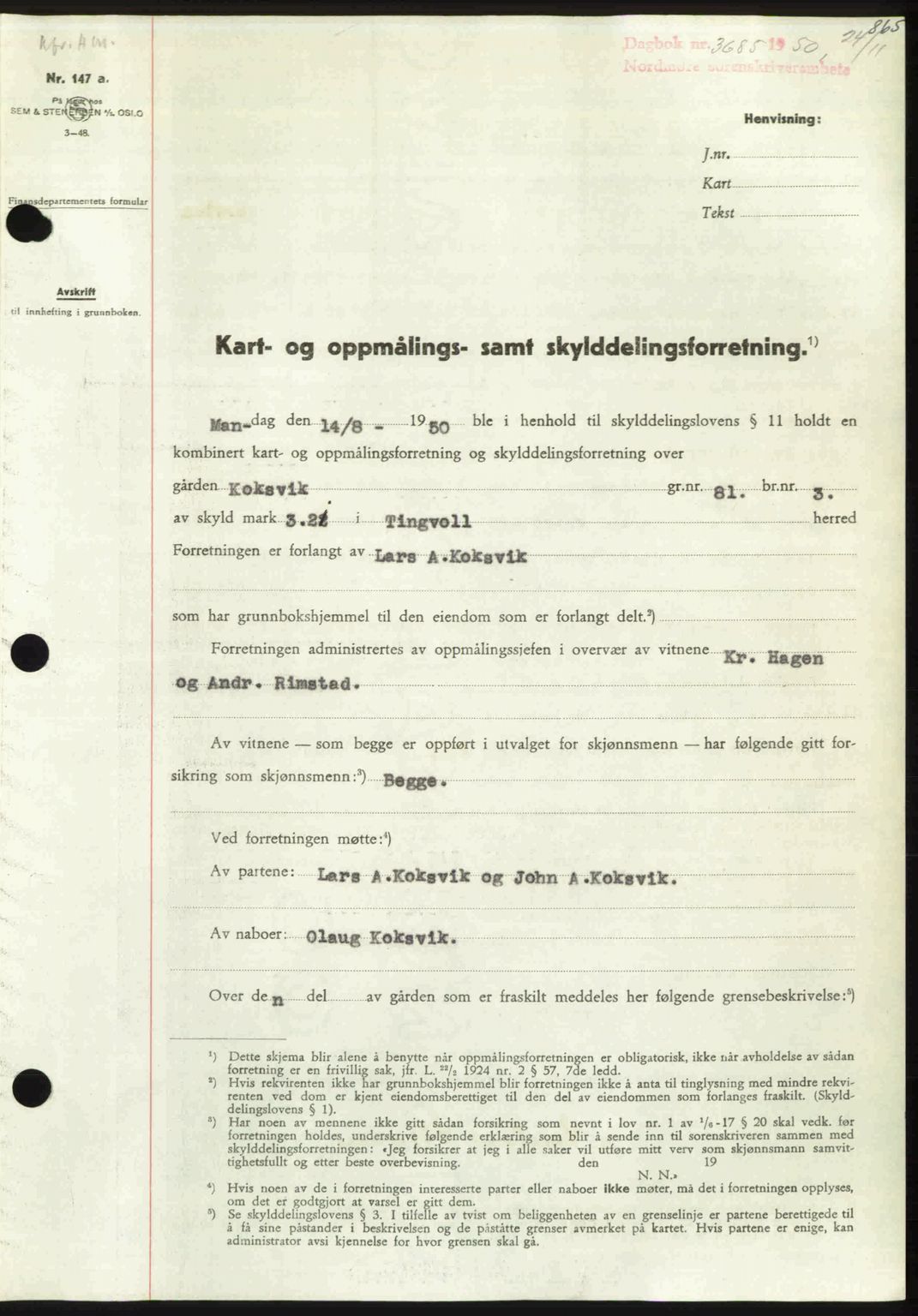 Nordmøre sorenskriveri, SAT/A-4132/1/2/2Ca: Pantebok nr. A116, 1950-1950, Dagboknr: 3685/1950