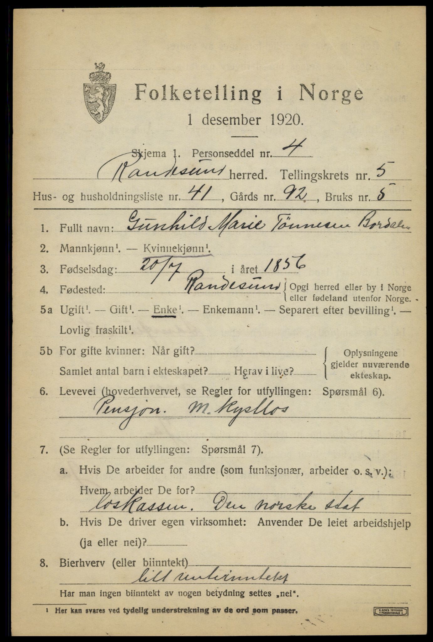 SAK, Folketelling 1920 for 1011 Randesund herred, 1920, s. 2708