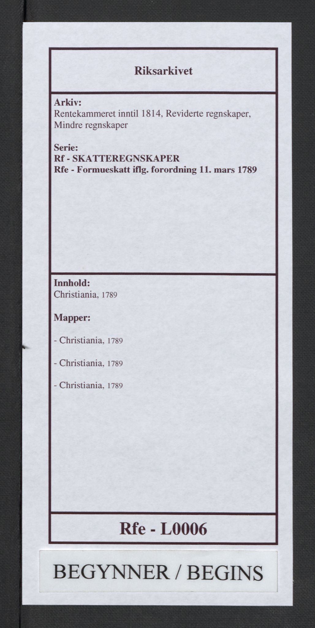 Rentekammeret inntil 1814, Reviderte regnskaper, Mindre regnskaper, RA/EA-4068/Rf/Rfe/L0006: Christiania, 1789, s. 1