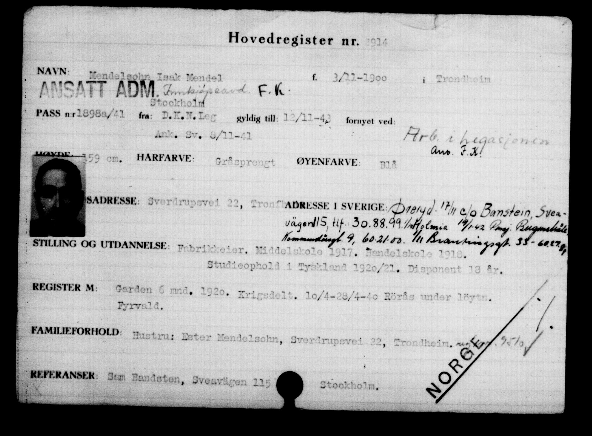 Utenriksstasjonene, Legasjonen i Stockholm, Flyktningkontoret, AV/RA-S-6753/V/Va/L0003: Kjesäterkartoteket, flyktninger med registreringsnr. 2001-3495, 1940-1945, s. 1317