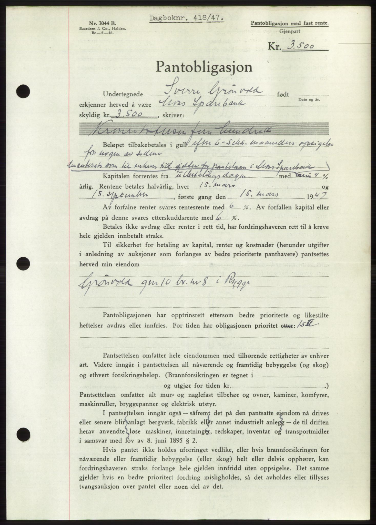 Moss sorenskriveri, SAO/A-10168: Pantebok nr. B16, 1946-1947, Dagboknr: 418/1947