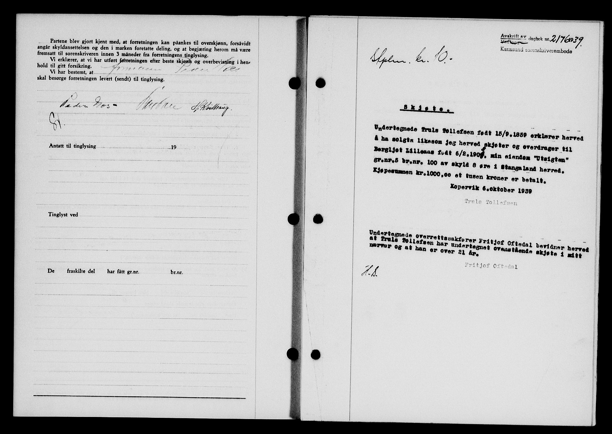 Karmsund sorenskriveri, SAST/A-100311/01/II/IIB/L0072: Pantebok nr. 53A, 1939-1940, Dagboknr: 2176/1939