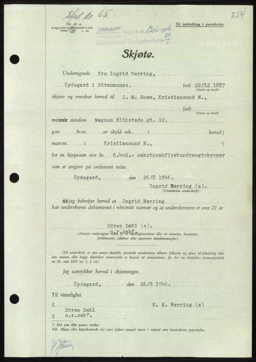 Kristiansund byfogd, SAT/A-4587/A/27: Pantebok nr. 39b, 1946-1947, Dagboknr: 1306/1946