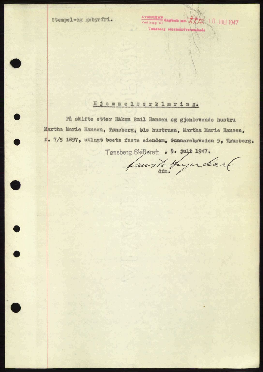 Tønsberg sorenskriveri, SAKO/A-130/G/Ga/Gaa/L0022: Pantebok nr. A22, 1947-1947, Dagboknr: 2210/1947