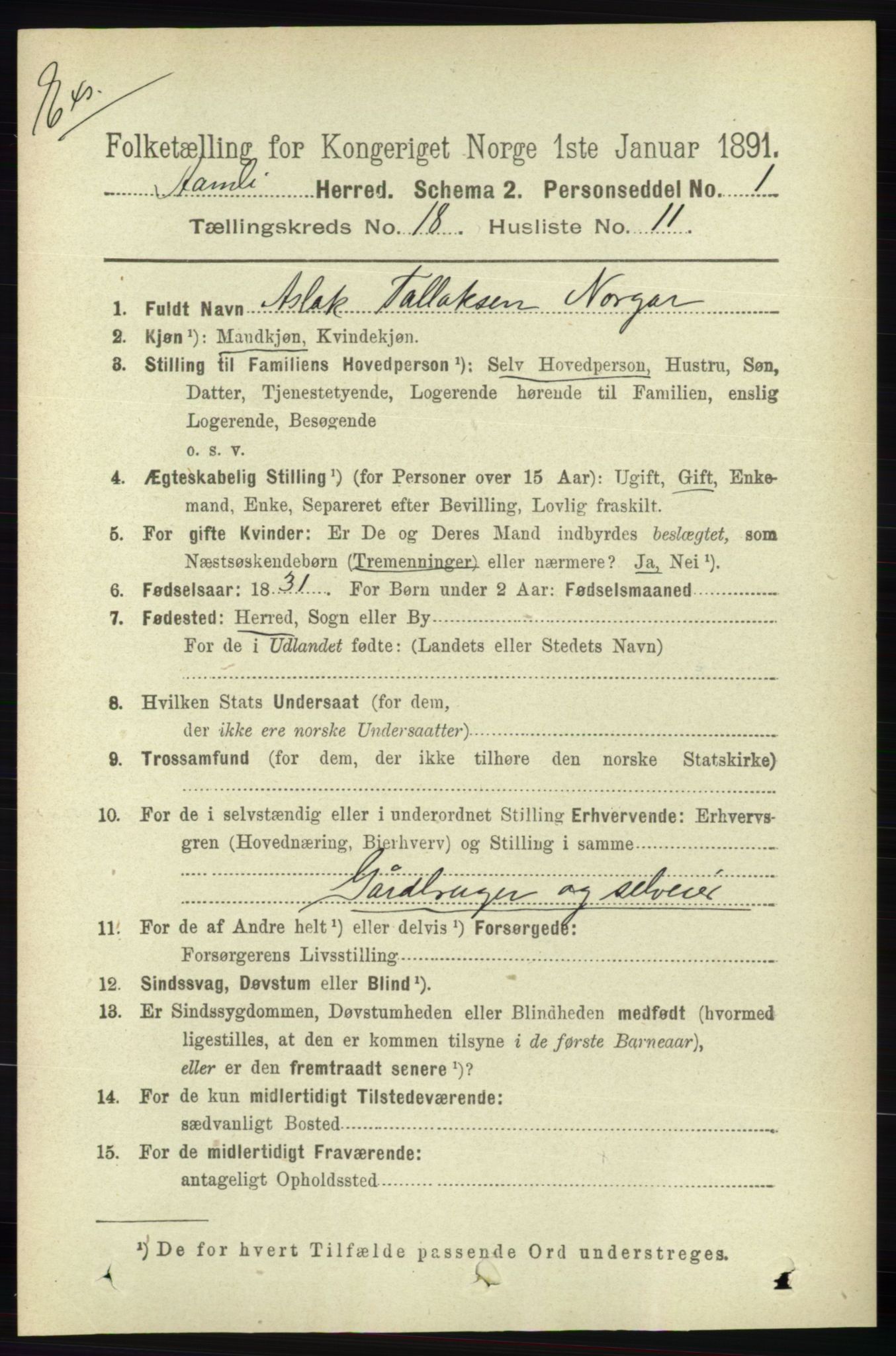 RA, Folketelling 1891 for Nedenes amt: Gjenparter av personsedler for beslektede ektefeller, menn, 1891, s. 391