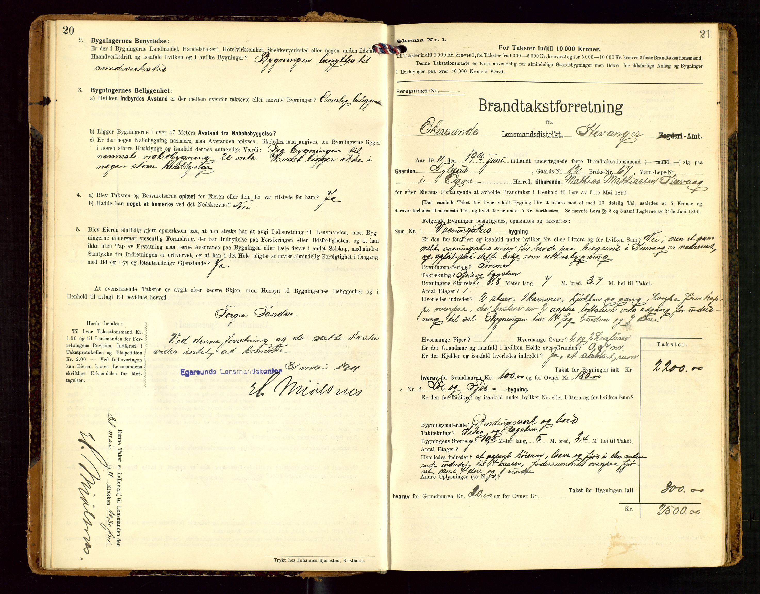 Eigersund lensmannskontor, AV/SAST-A-100171/Gob/L0002: "Brandtakstprotokol", 1910-1916, s. 20-21