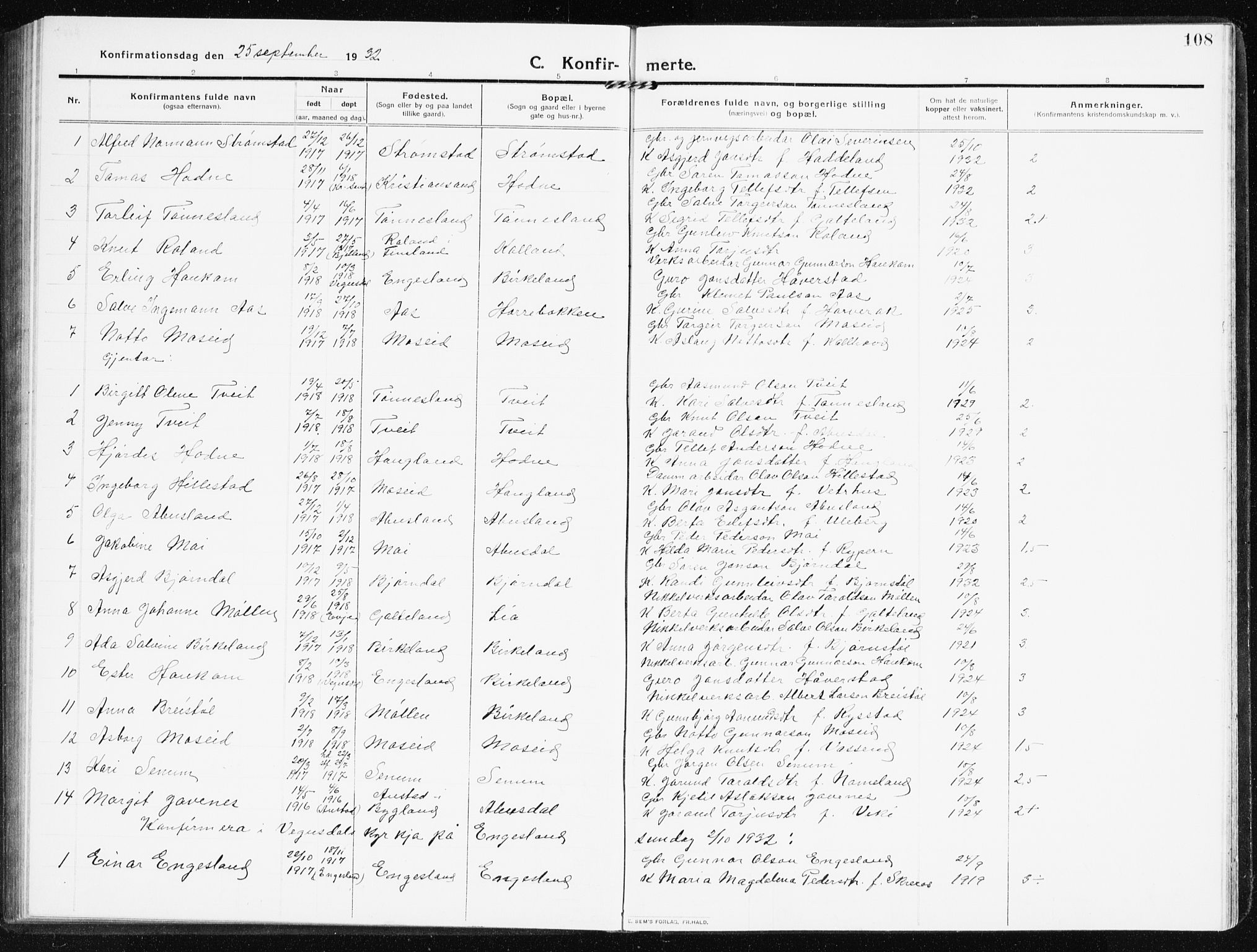 Evje sokneprestkontor, AV/SAK-1111-0008/F/Fb/Fbb/L0003: Klokkerbok nr. B 3, 1910-1933, s. 108