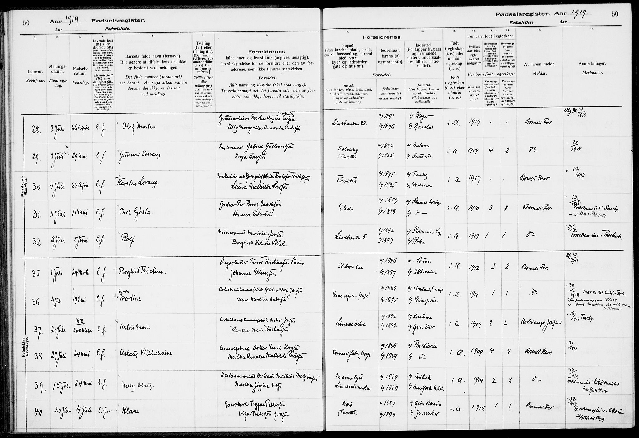 Lier kirkebøker, AV/SAKO-A-230/J/Ja/L0001: Fødselsregister nr. 1, 1916-1928, s. 50