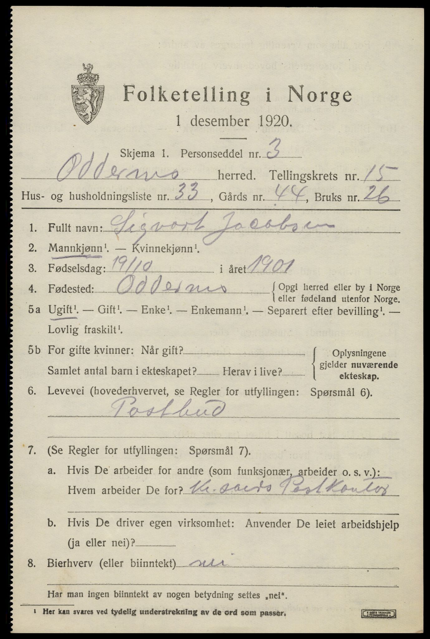 SAK, Folketelling 1920 for 1012 Oddernes herred, 1920, s. 10357