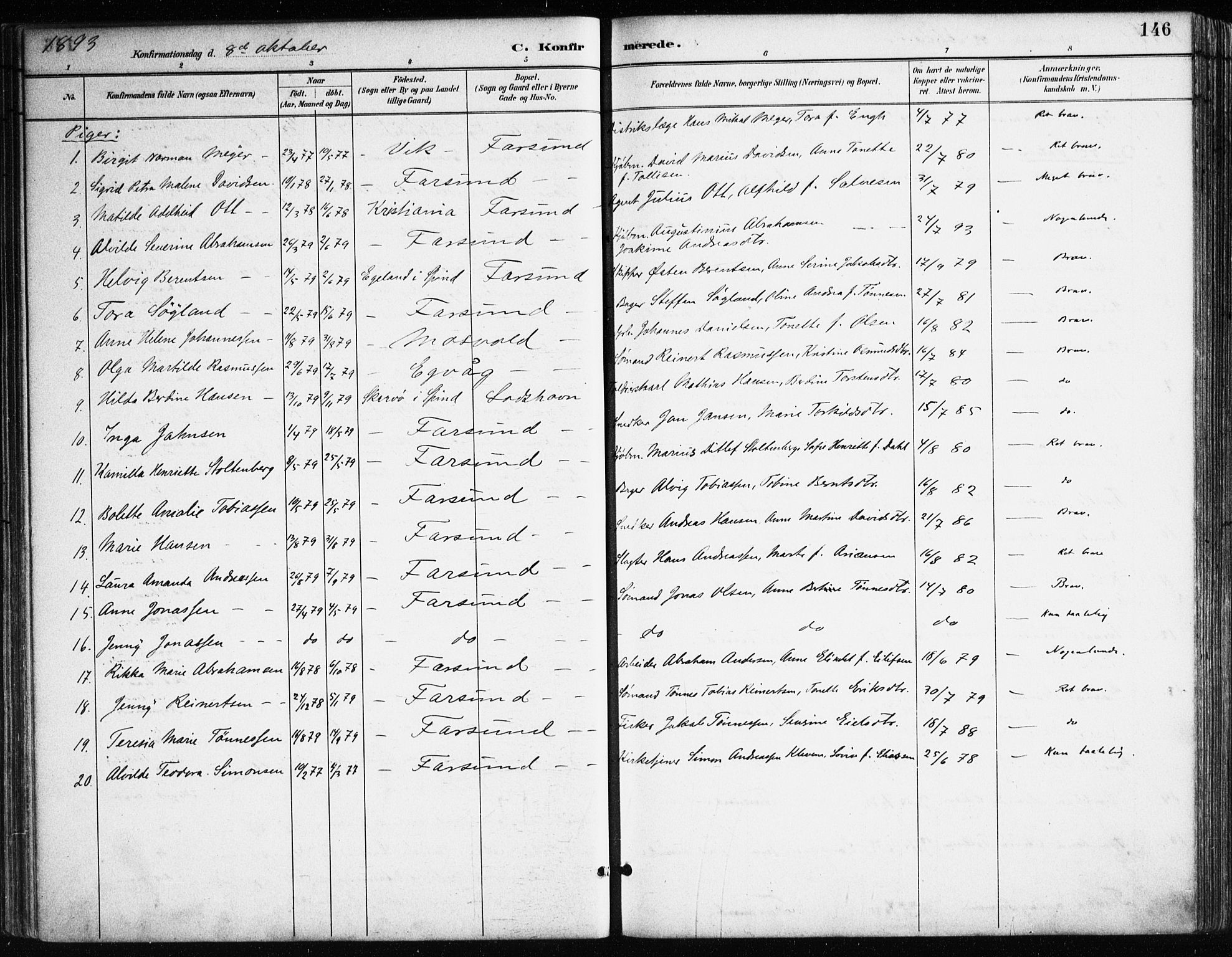 Farsund sokneprestkontor, AV/SAK-1111-0009/F/Fa/L0006: Ministerialbok nr. A 6, 1887-1920, s. 146
