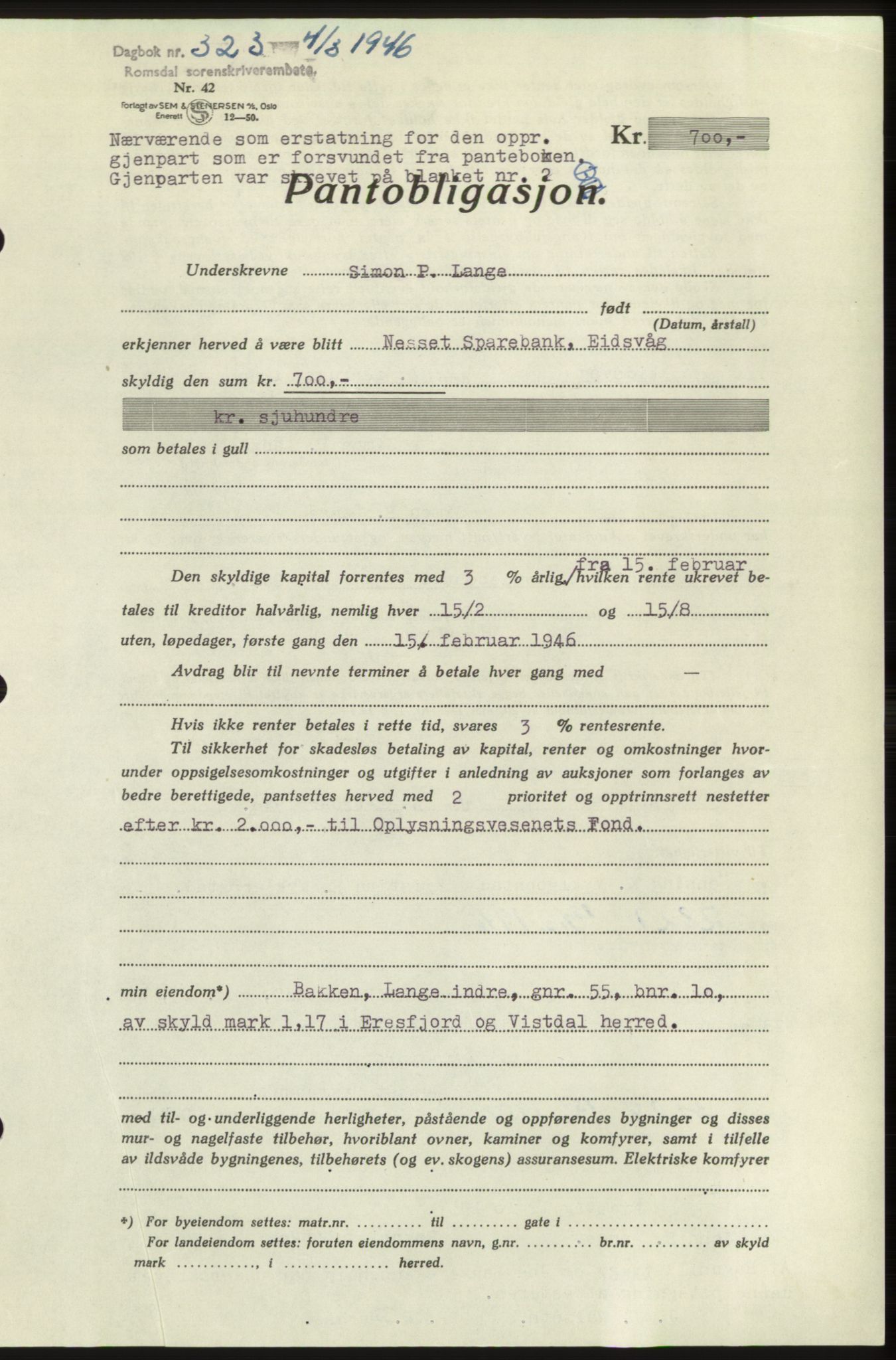 Romsdal sorenskriveri, AV/SAT-A-4149/1/2/2C: Pantebok nr. B3, 1946-1948, Dagboknr: 323/1946
