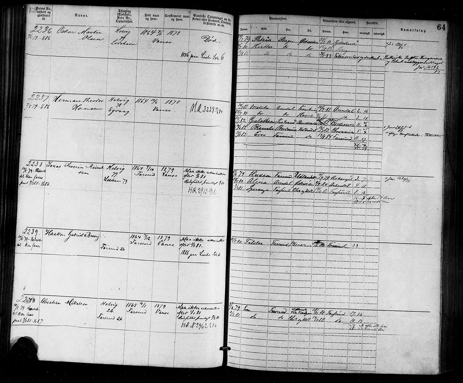Farsund mønstringskrets, AV/SAK-2031-0017/F/Fa/L0002: Annotasjonsrulle nr 1921-3815 med register, M-2, 1877-1894, s. 90