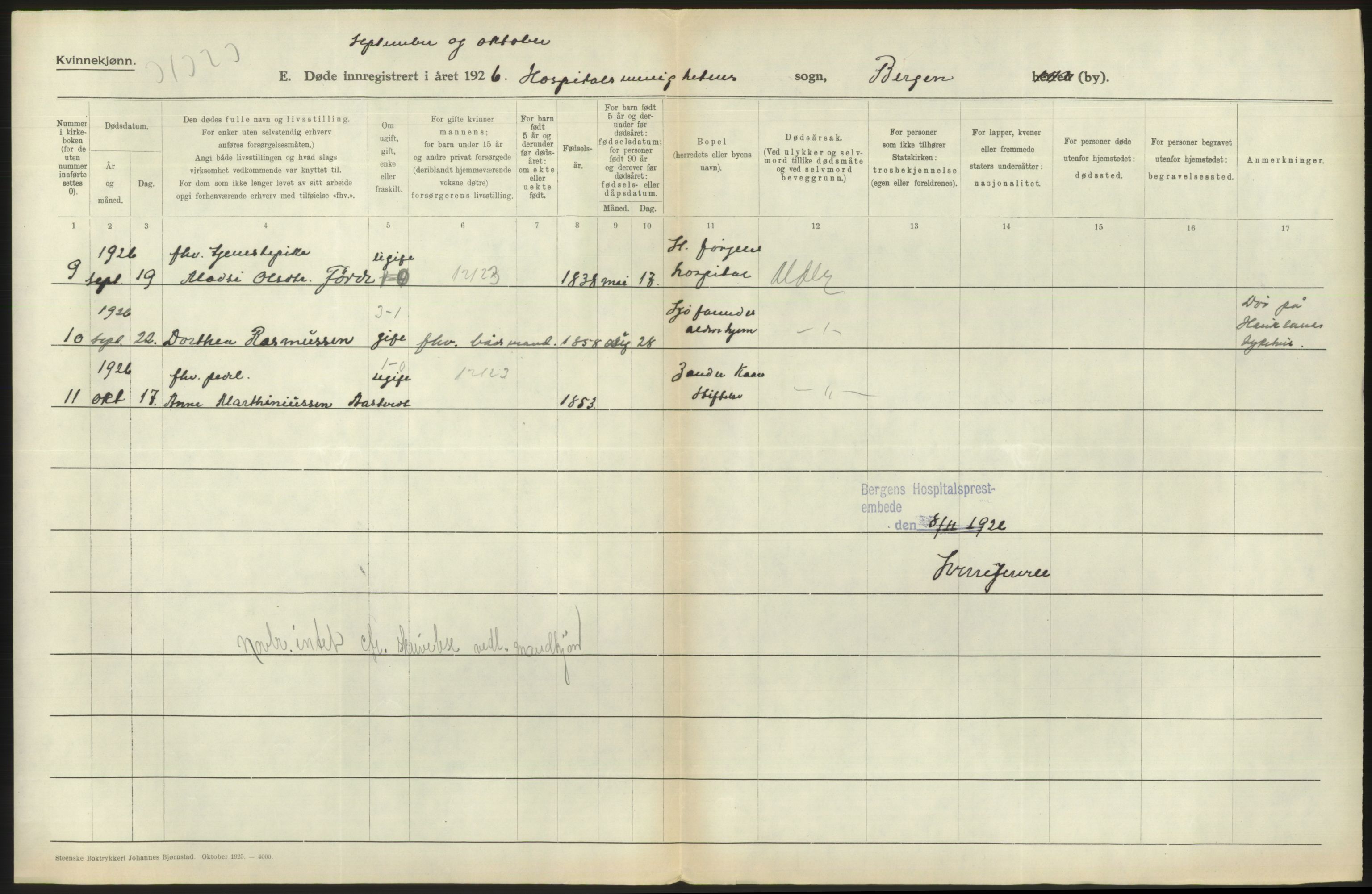 Statistisk sentralbyrå, Sosiodemografiske emner, Befolkning, AV/RA-S-2228/D/Df/Dfc/Dfcf/L0028: Bergen: Gifte, døde, dødfødte., 1926, s. 564