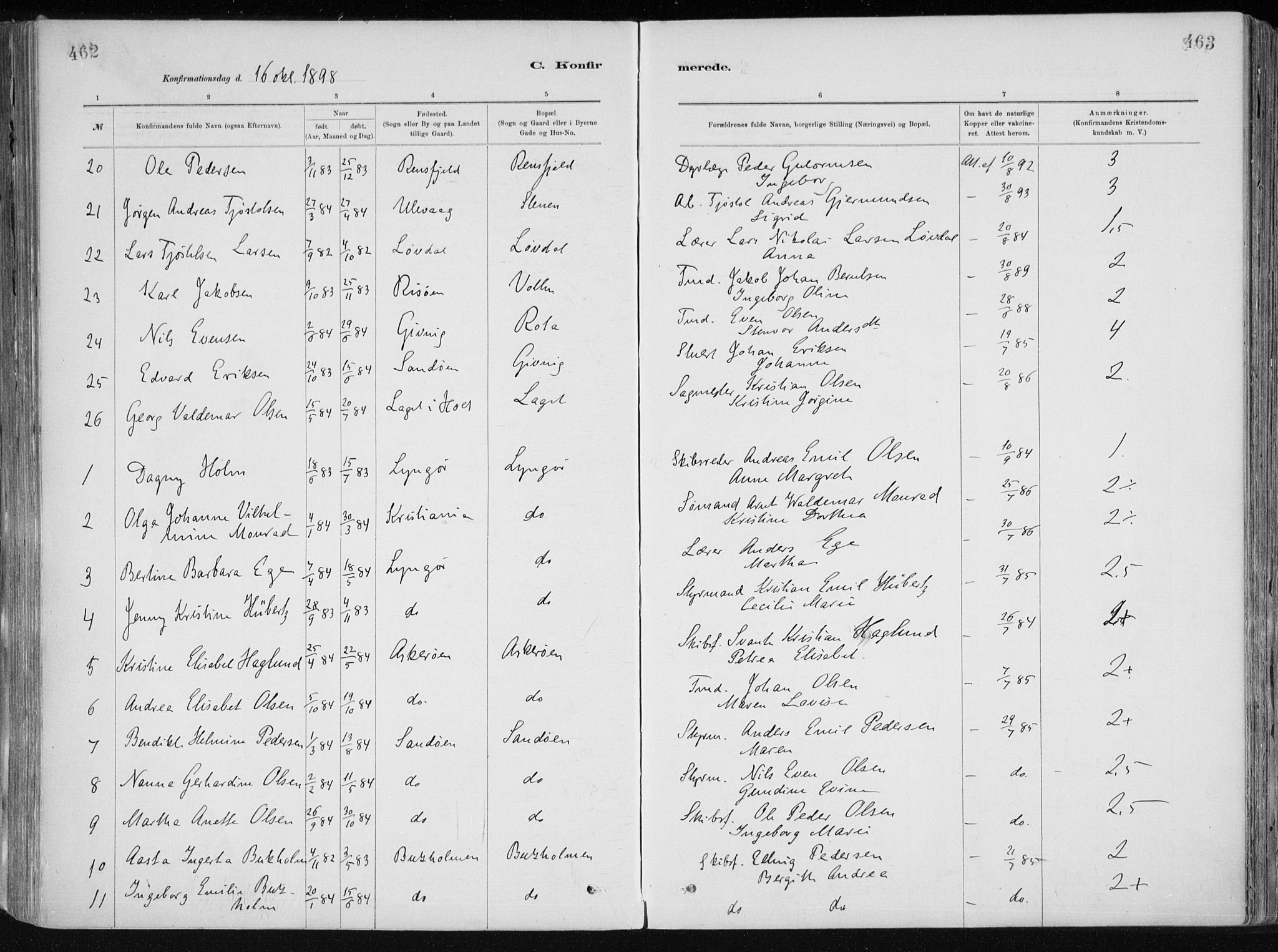 Dypvåg sokneprestkontor, AV/SAK-1111-0007/F/Fa/Faa/L0008: Ministerialbok nr. A 8, 1885-1906, s. 462-463