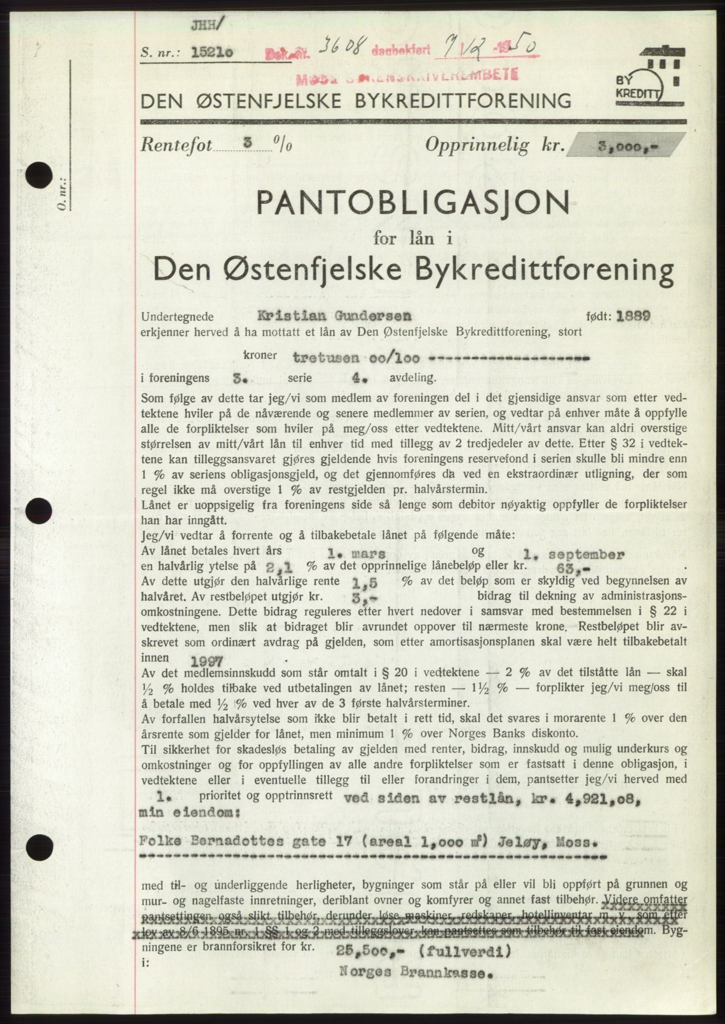 Moss sorenskriveri, SAO/A-10168: Pantebok nr. B25, 1950-1950, Dagboknr: 3608/1950