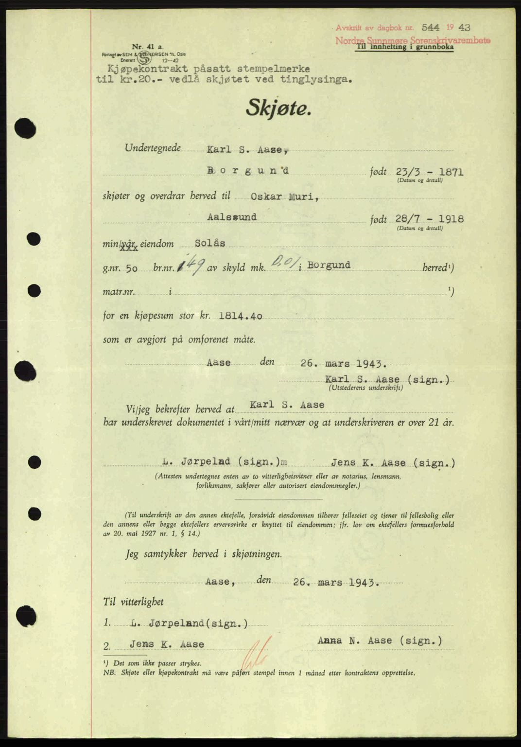 Nordre Sunnmøre sorenskriveri, AV/SAT-A-0006/1/2/2C/2Ca: Pantebok nr. A15, 1942-1943, Dagboknr: 544/1943